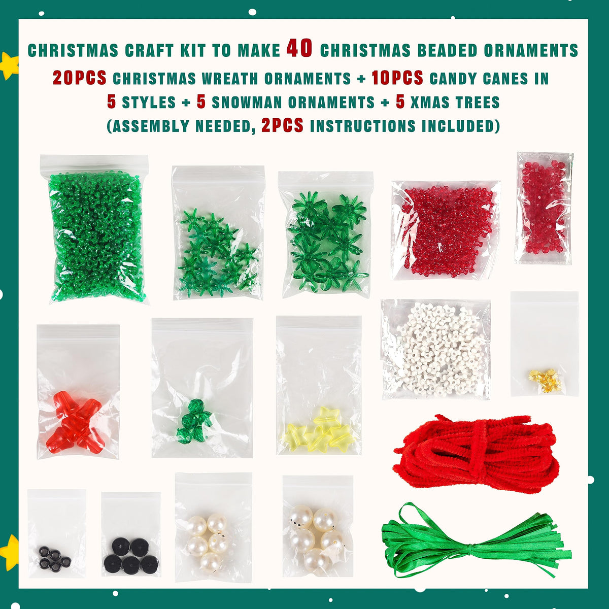Jollylife Beaded Ornament Kit – 40-Piece Christmas Crafts for Family Fun (Wreaths, Candy Canes, Snowmen, Trees)