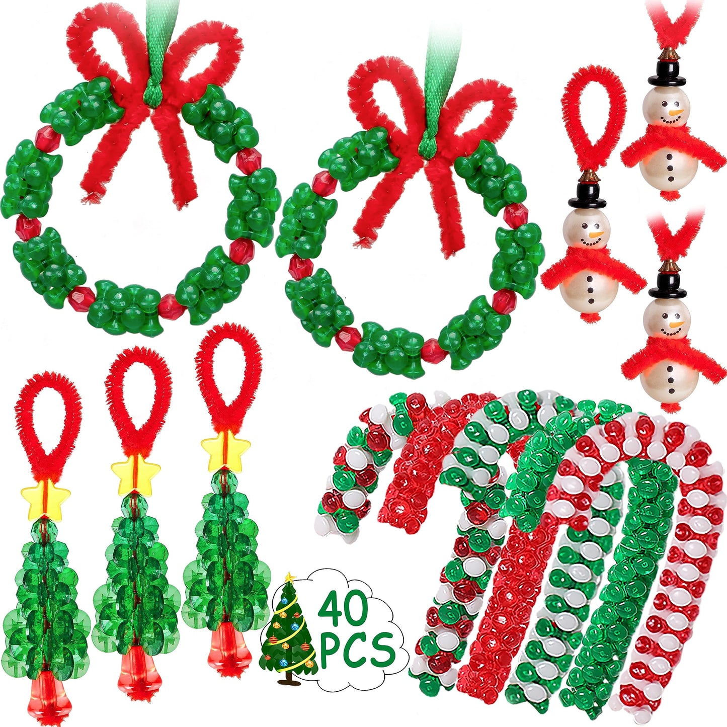 Jollylife Beaded Ornament Kit – 40-Piece Christmas Crafts for Family Fun (Wreaths, Candy Canes, Snowmen, Trees)