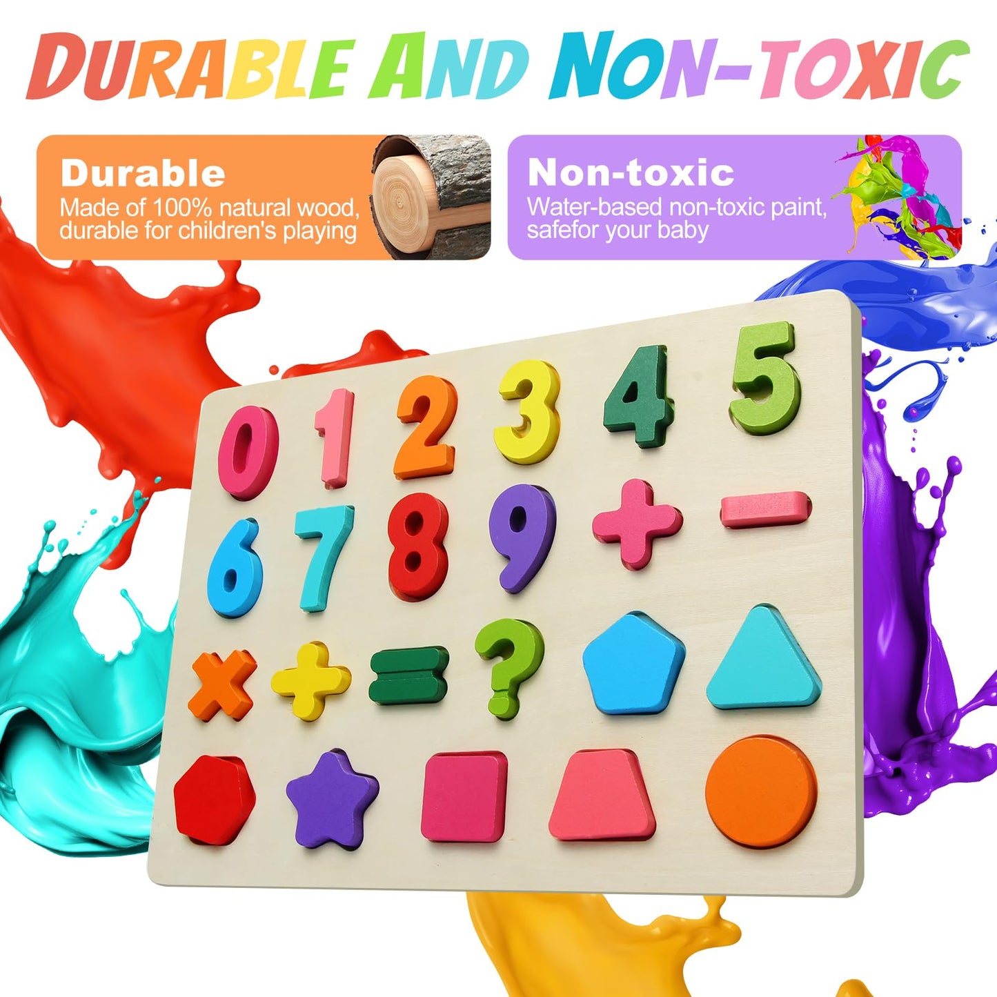 JOLSNAF Wooden Puzzles for Toddlers – Number & Shape Montessori Toys