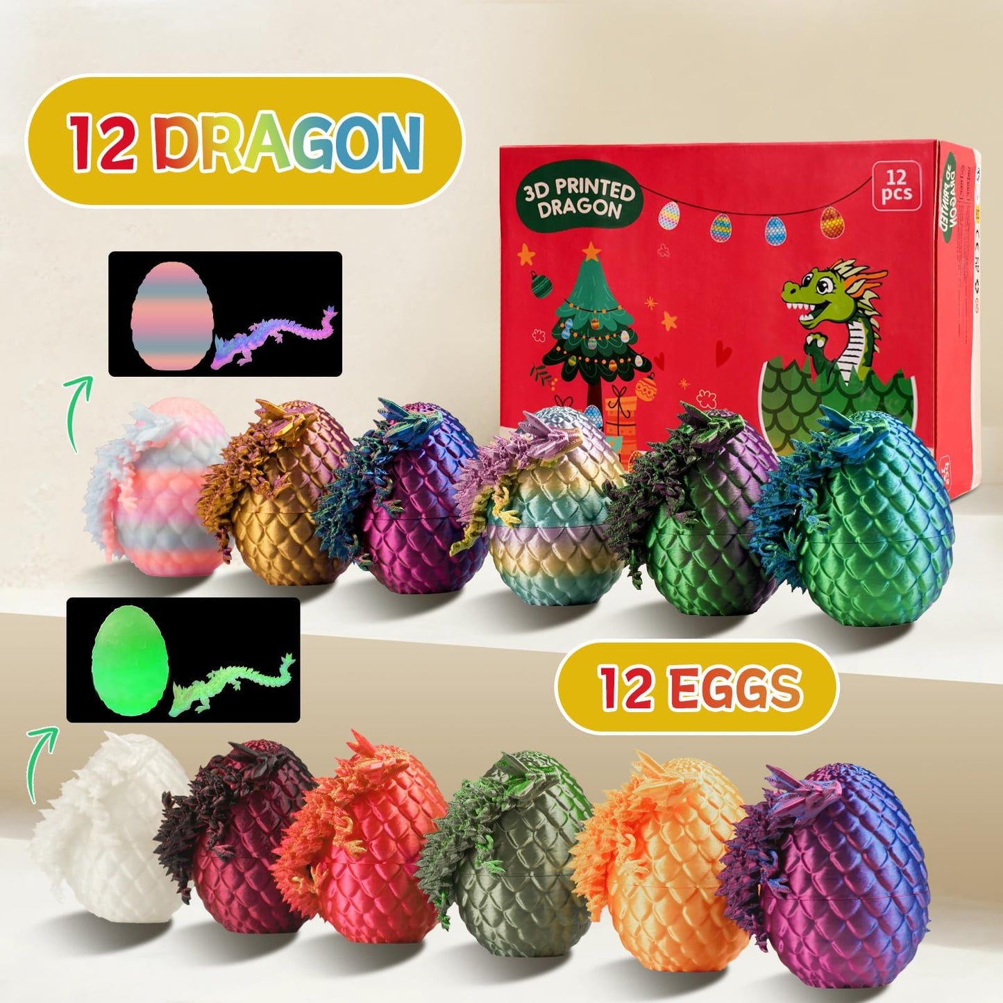 JOMBY 12PCS 3D Printed Dragon Eggs with Dragon Inside – Easter Basket & Desk Decor