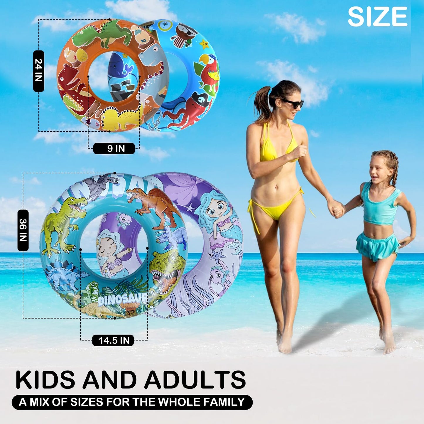 Jomi & Jolly 4 Pack Inflatable Pool Floats – 36-inch and 24-inch Tubes for All Ages