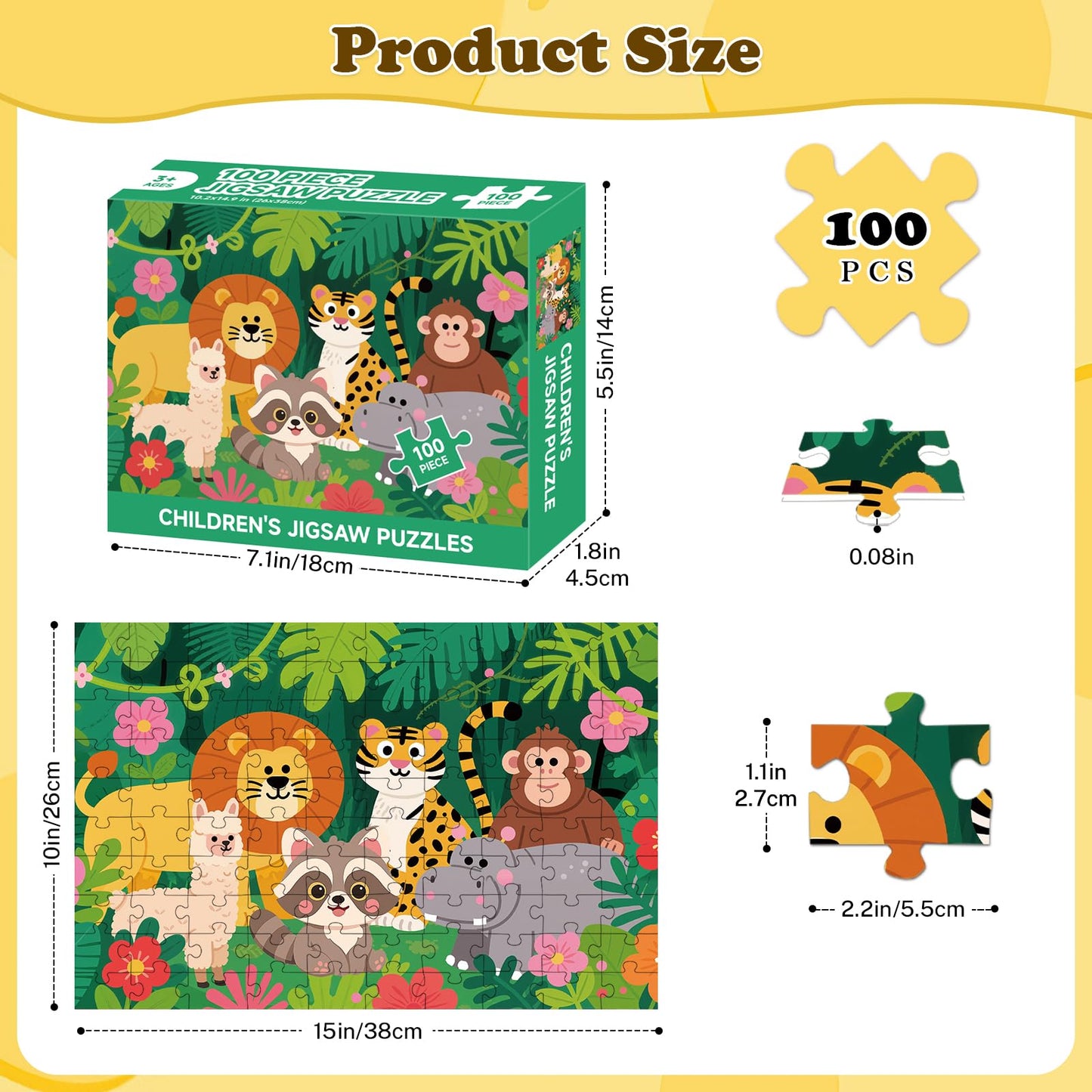 Jomzuci 4-Pack 100-Piece Kids Puzzles – Dogs, Dolphins, Dinosaurs & Wildlife (15x10 in)