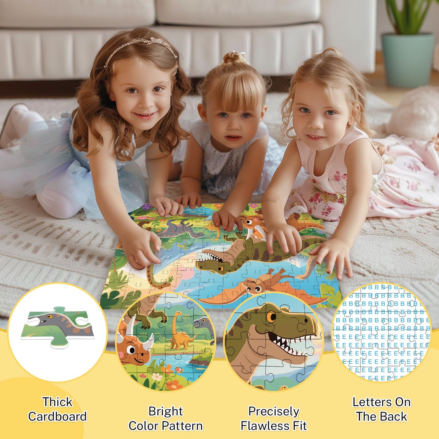 Jomzuci 4-Pack 100-Piece Kids Puzzles – Dogs, Dolphins, Dinosaurs & Wildlife (15x10 in)