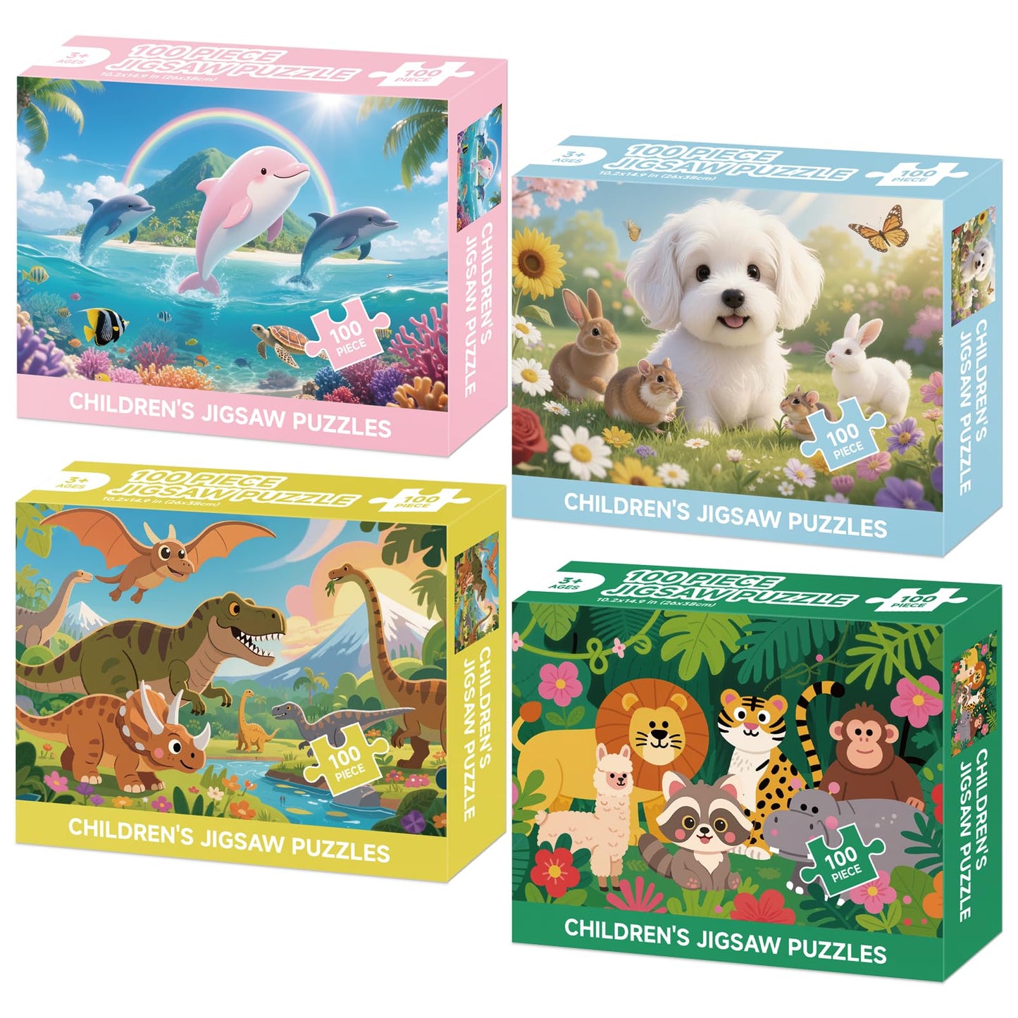 Jomzuci 4-Pack 100-Piece Kids Puzzles – Dogs, Dolphins, Dinosaurs & Wildlife (15x10 in)