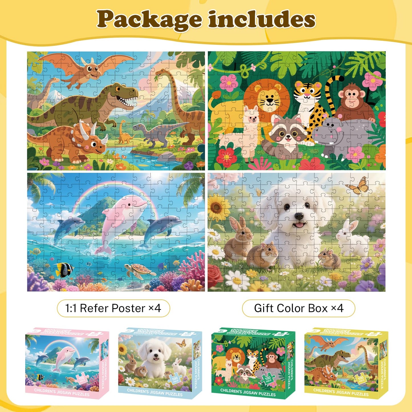 Jomzuci 4-Pack 100-Piece Kids Puzzles – Dogs, Dolphins, Dinosaurs & Wildlife (15x10 in)