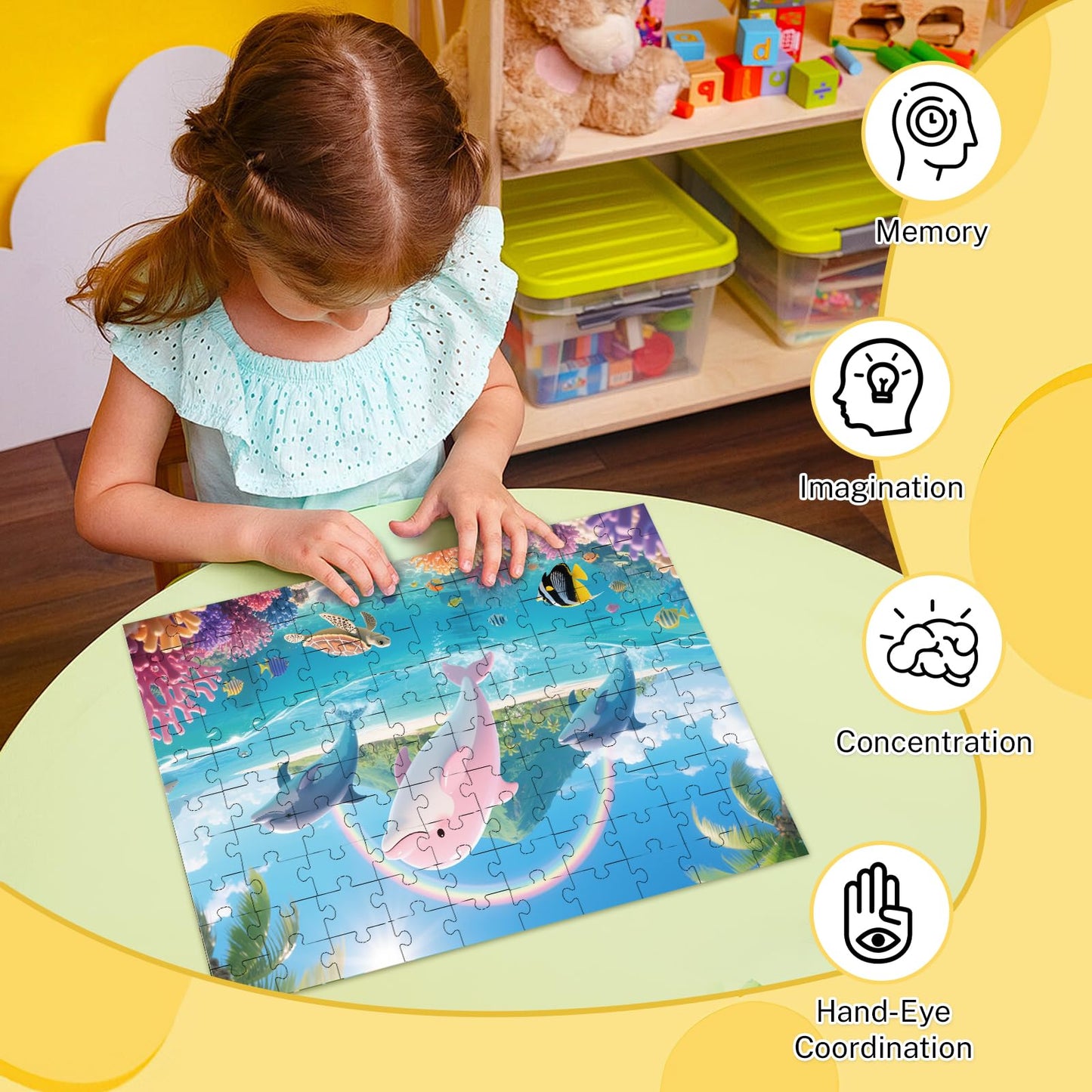 Jomzuci 4-Pack 100-Piece Kids Puzzles – Dogs, Dolphins, Dinosaurs & Wildlife (15x10 in)