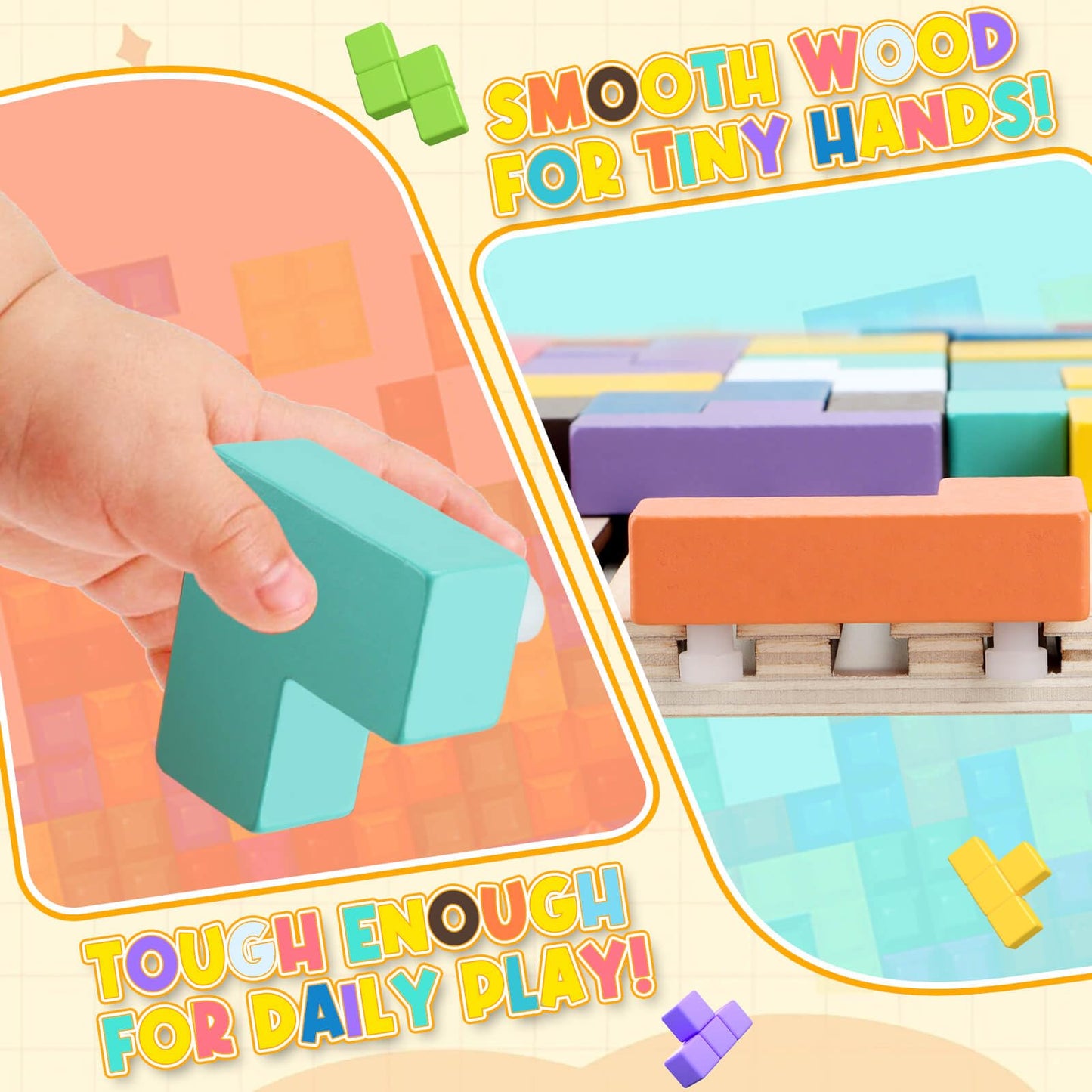 JONEG Wooden Stacking Puzzles for 3 to 7 Year Olds | 42 Blocks, 6 Shapes, 2 Play Styles | STEM Montessori Toy Gift