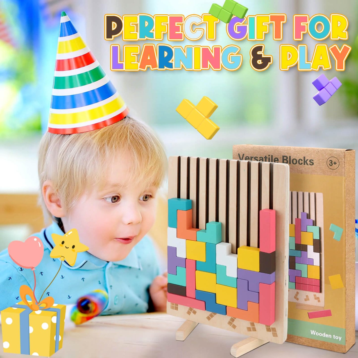 JONEG Wooden Stacking Puzzles for 3 to 7 Year Olds | 42 Blocks, 6 Shapes, 2 Play Styles | STEM Montessori Toy Gift