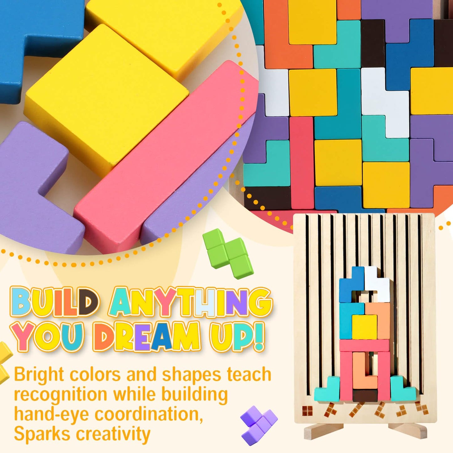 JONEG Wooden Stacking Puzzles for 3 to 7 Year Olds | 42 Blocks, 6 Shapes, 2 Play Styles | STEM Montessori Toy Gift