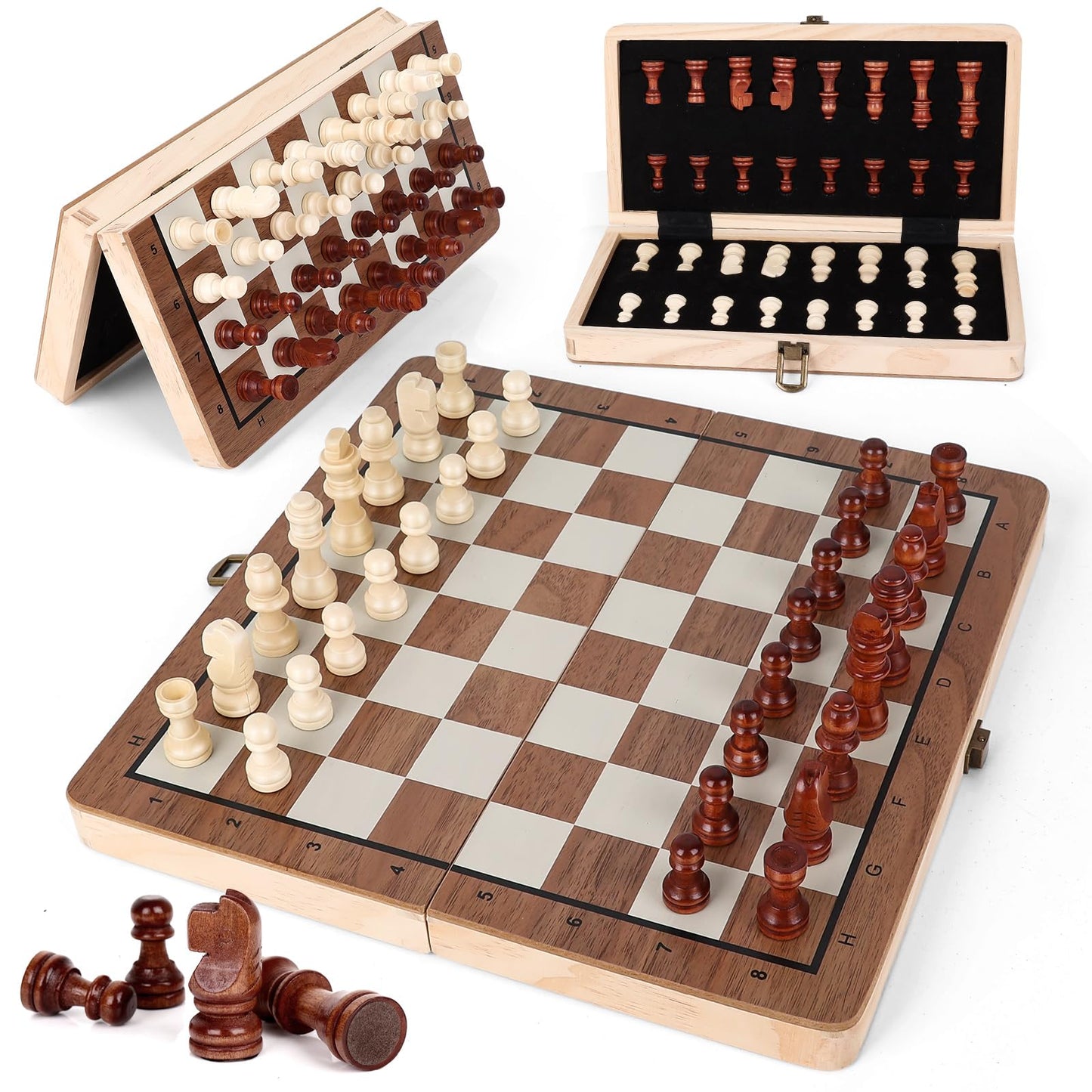 Joneytech Wooden Chess Set – 11.5-Inch Magnetic Foldable Board with Built-In Storage