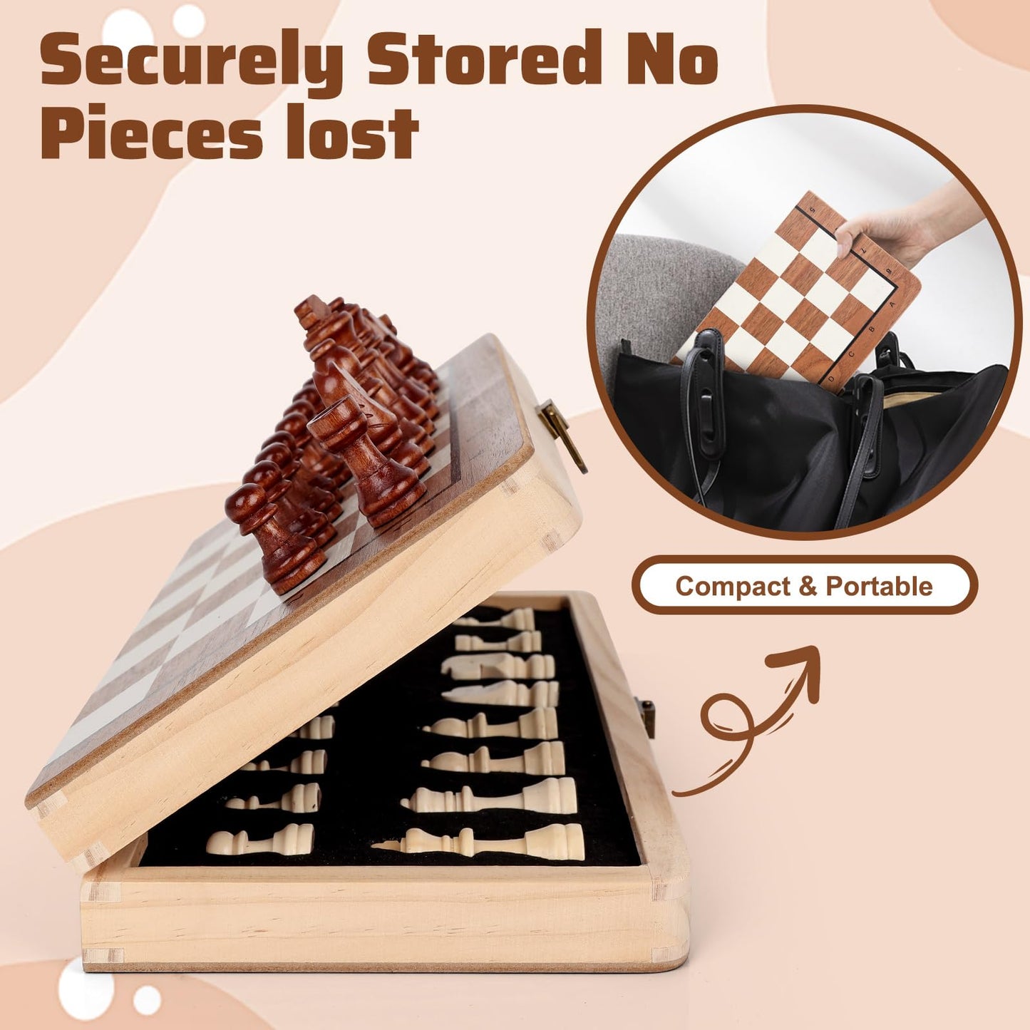 Joneytech Wooden Chess Set – 11.5-Inch Magnetic Foldable Board with Built-In Storage