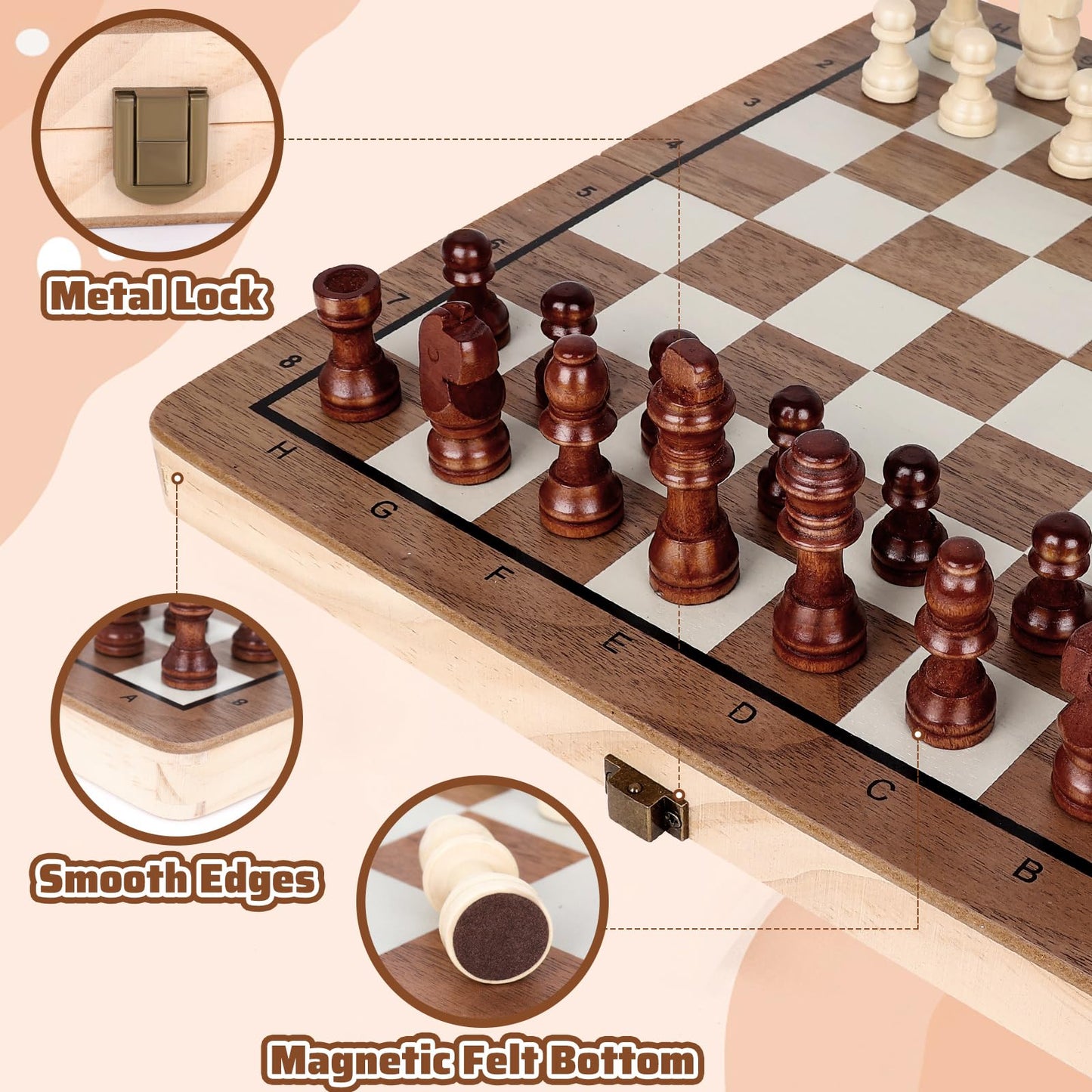 Joneytech Wooden Chess Set – 11.5-Inch Magnetic Foldable Board with Built-In Storage