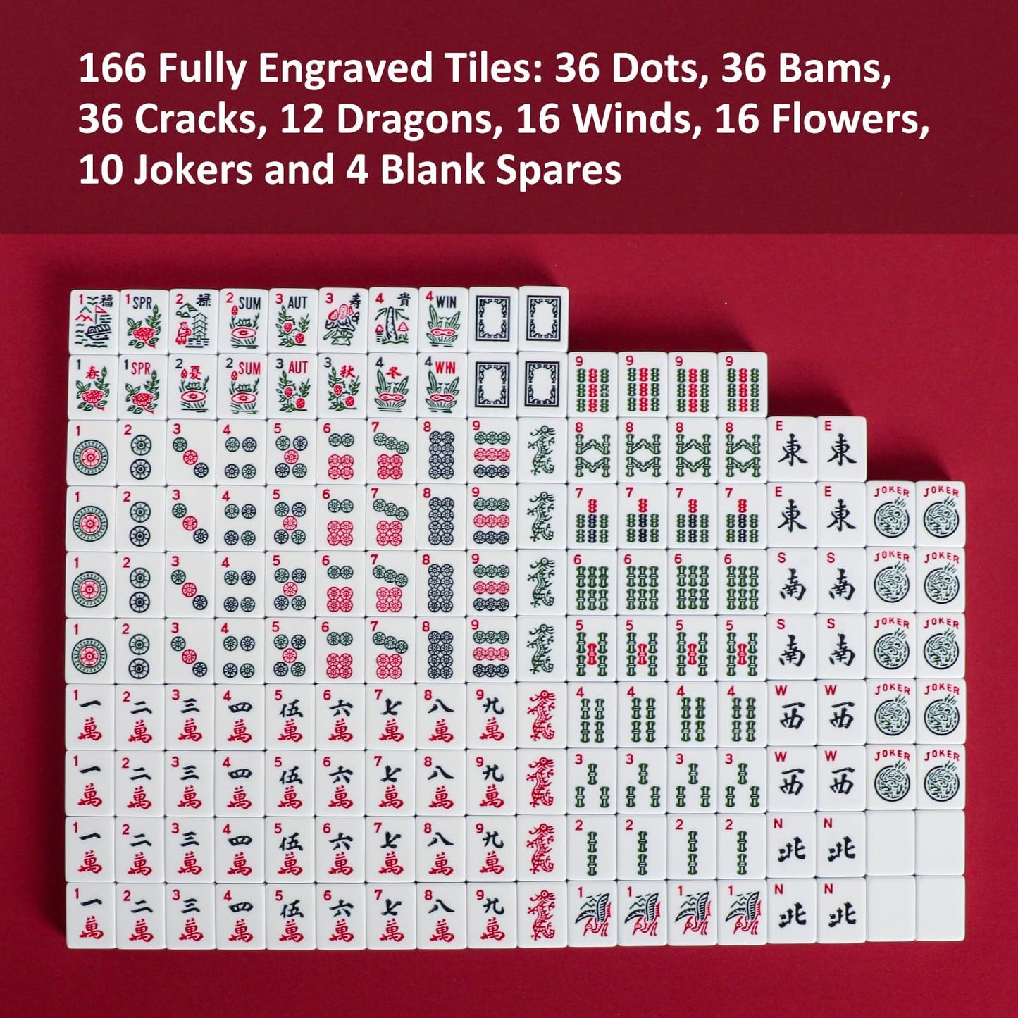 Jongyance American Mahjong Set — 166 Tiles, 4 Racks, Blue/Red Carry Case