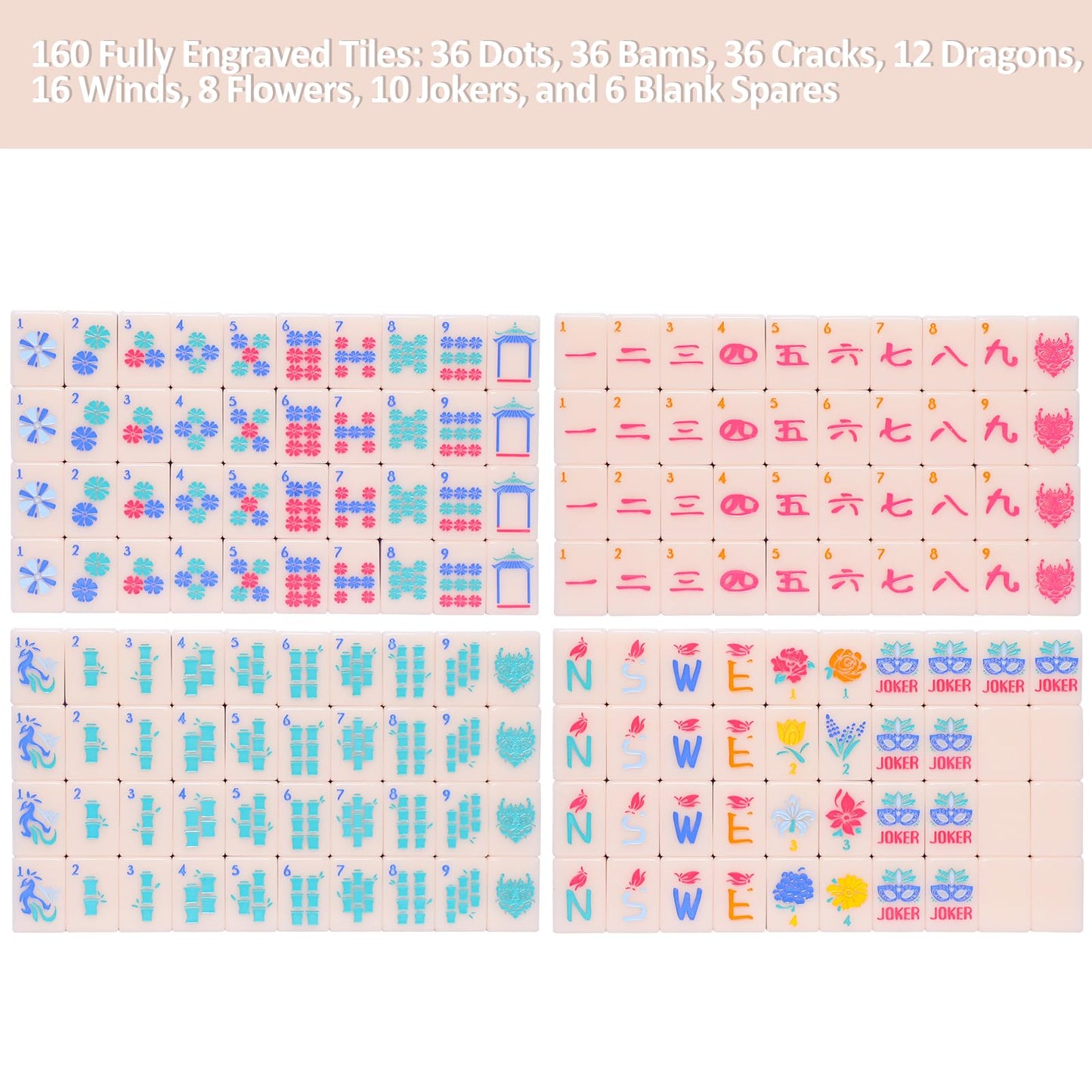 Jongyance American Mahjong Tile Set with Carrying Bag and Accessories – 160 Engraved Acrylic Tiles for Beginners