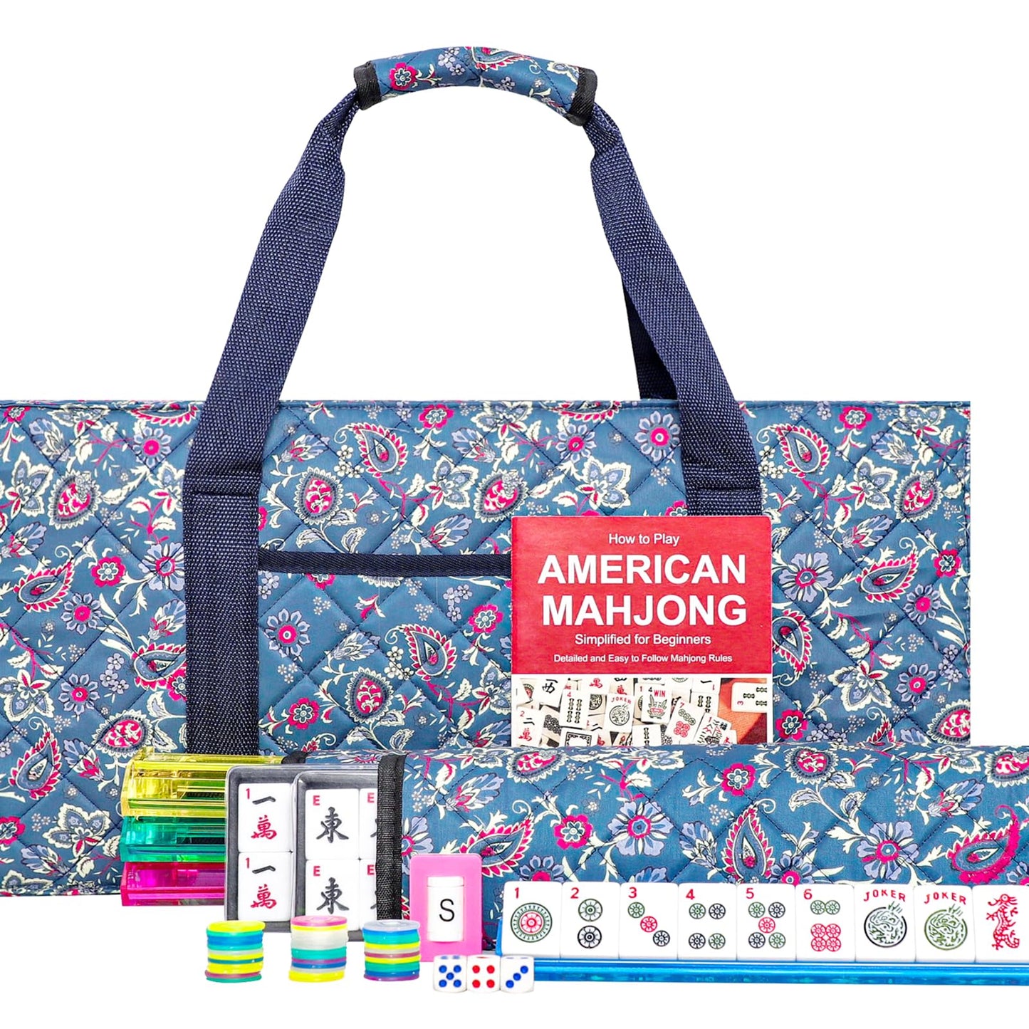 Jongyance American Mahjong Set — 166 Tiles, 4 Racks, Blue/Red Carry Case
