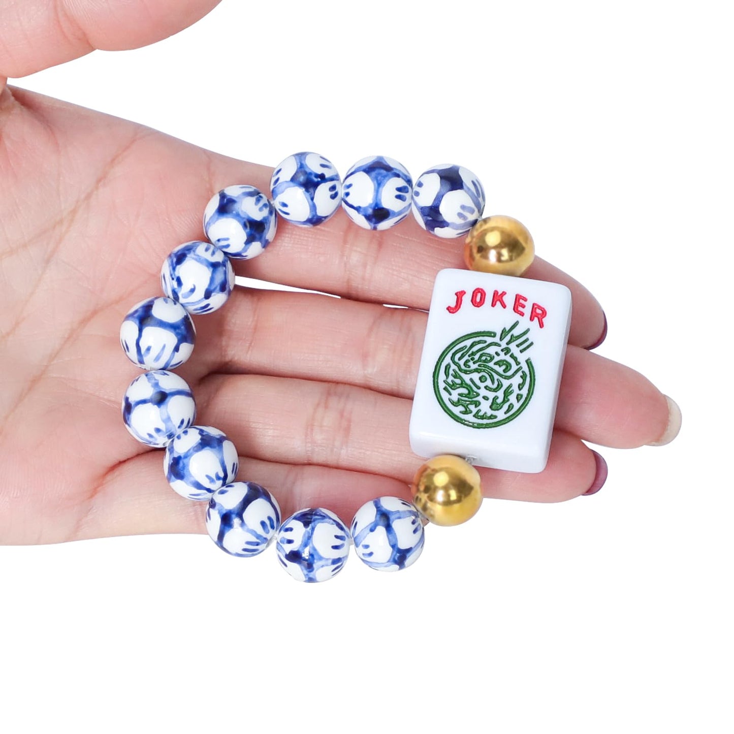 Jongyance American Mahjong Accessory (Blue & White) with Joker Tile — Adjustable Wrist Bracelet 5.7–7.25 in