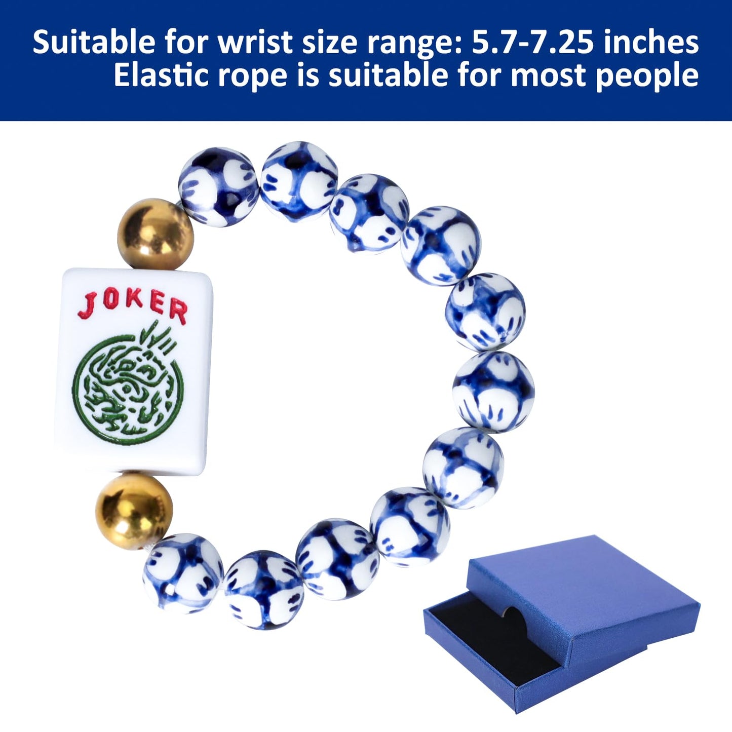 Jongyance American Mahjong Accessory (Blue & White) with Joker Tile — Adjustable Wrist Bracelet 5.7–7.25 in