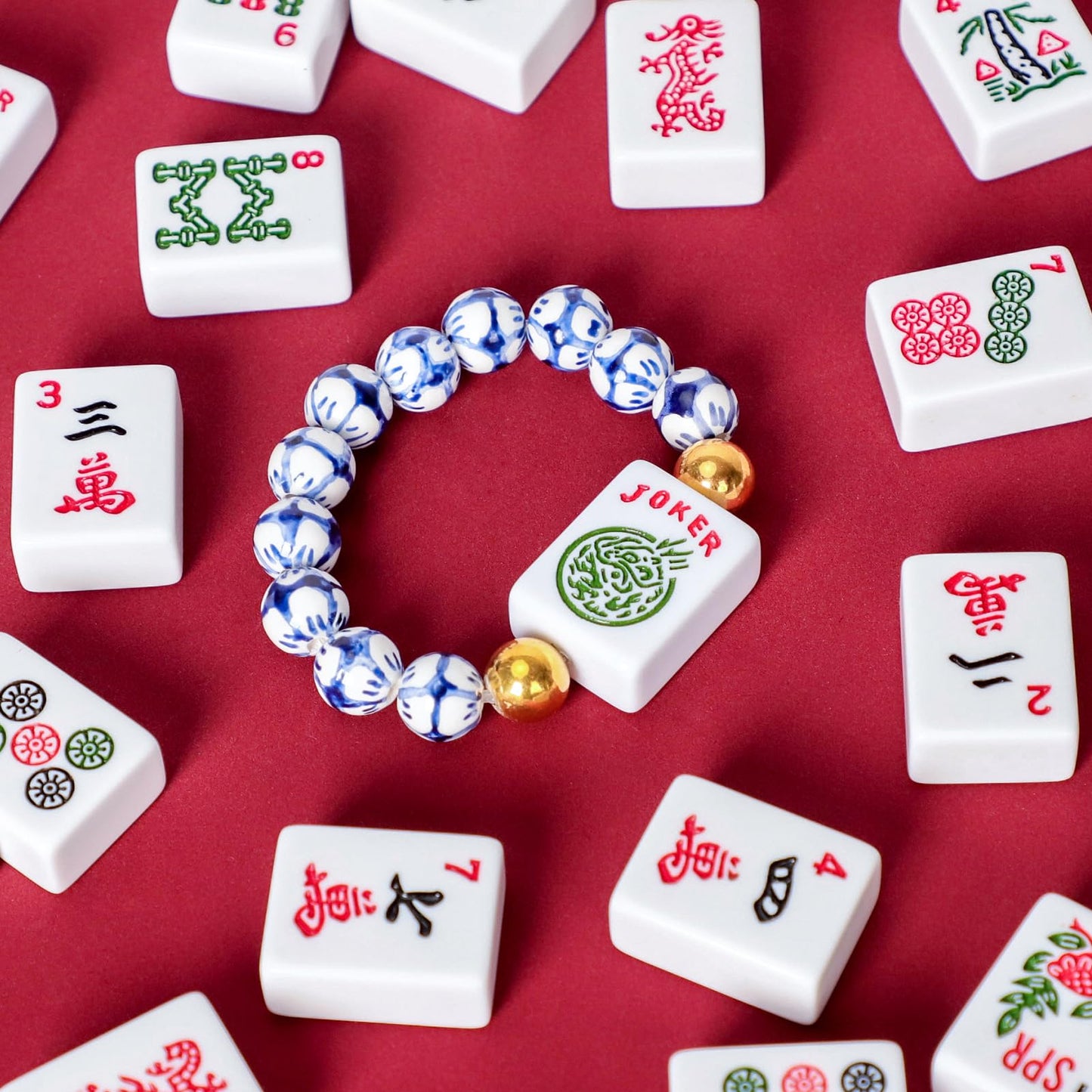 Jongyance American Mahjong Accessory (Blue & White) with Joker Tile — Adjustable Wrist Bracelet 5.7–7.25 in