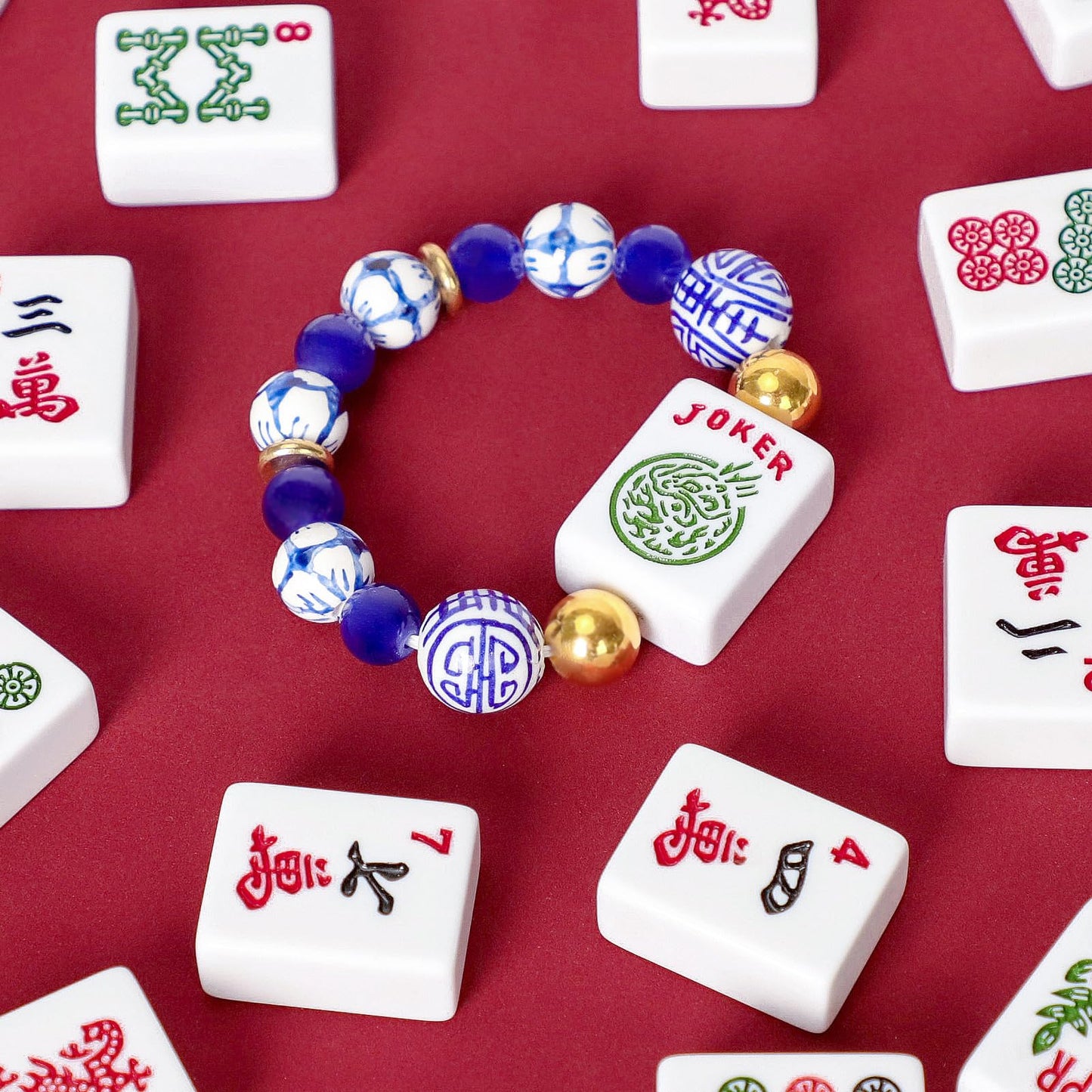 Jongyance American Mahjong Accessory (Blue) with Joker Tile — Adjustable Wrist Fit 5.7–7.25 in