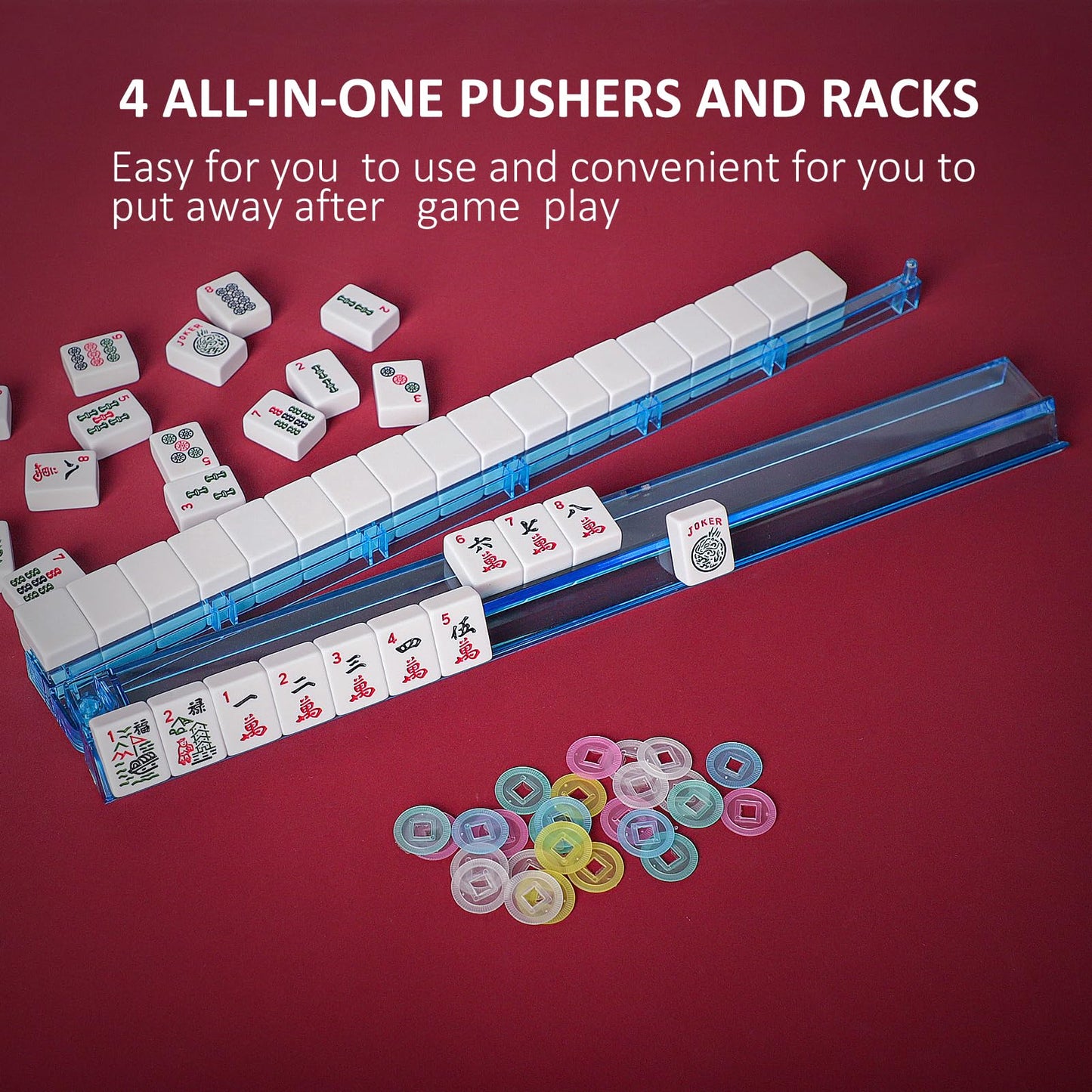 Jongyance American Mahjong Set — 166 Tiles, 4 Racks, Blue/Red Carry Case