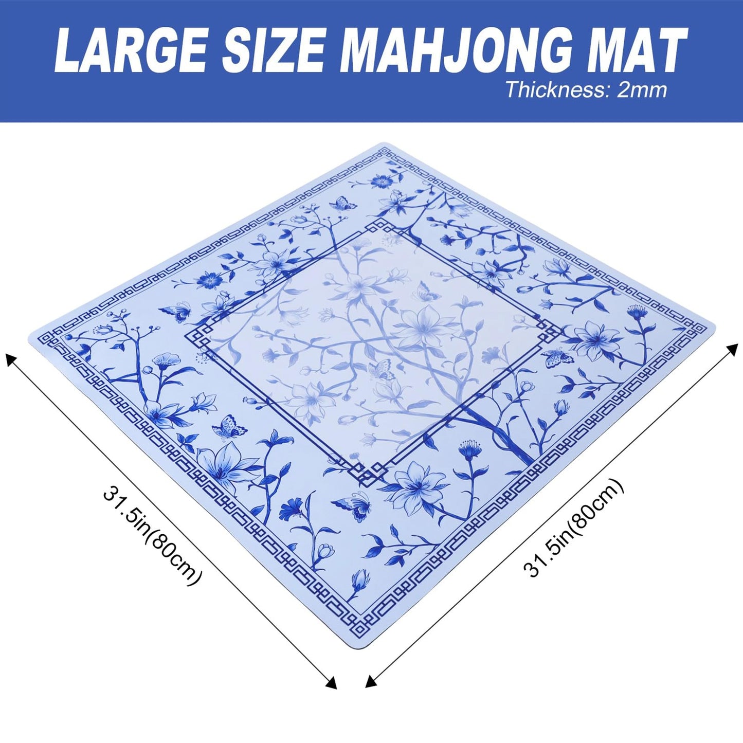 Jongyance Large Blue Printed Mahjong Mat 31.5 x 31.5 in with Carrying Bag | Anti-Slip & Noise-Reducing