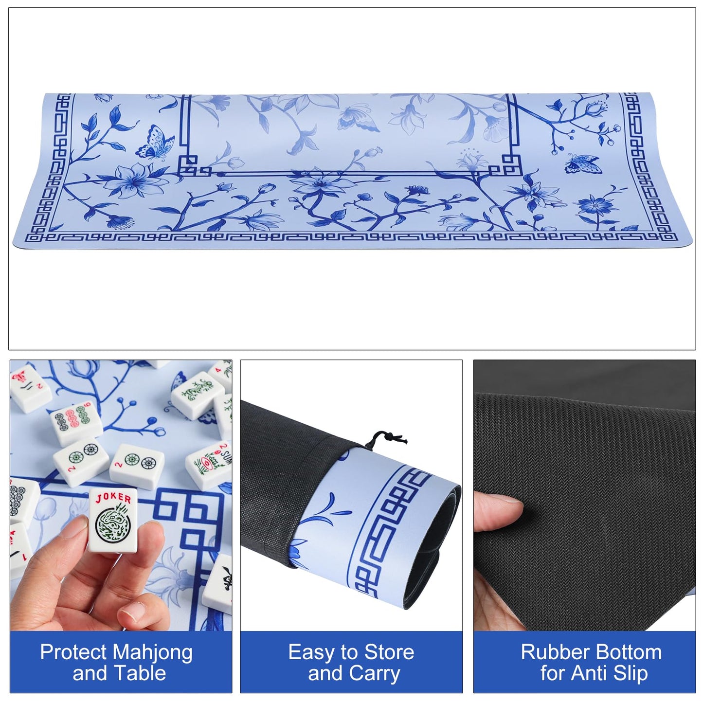 Jongyance Large Blue Printed Mahjong Mat 31.5 x 31.5 in with Carrying Bag | Anti-Slip & Noise-Reducing