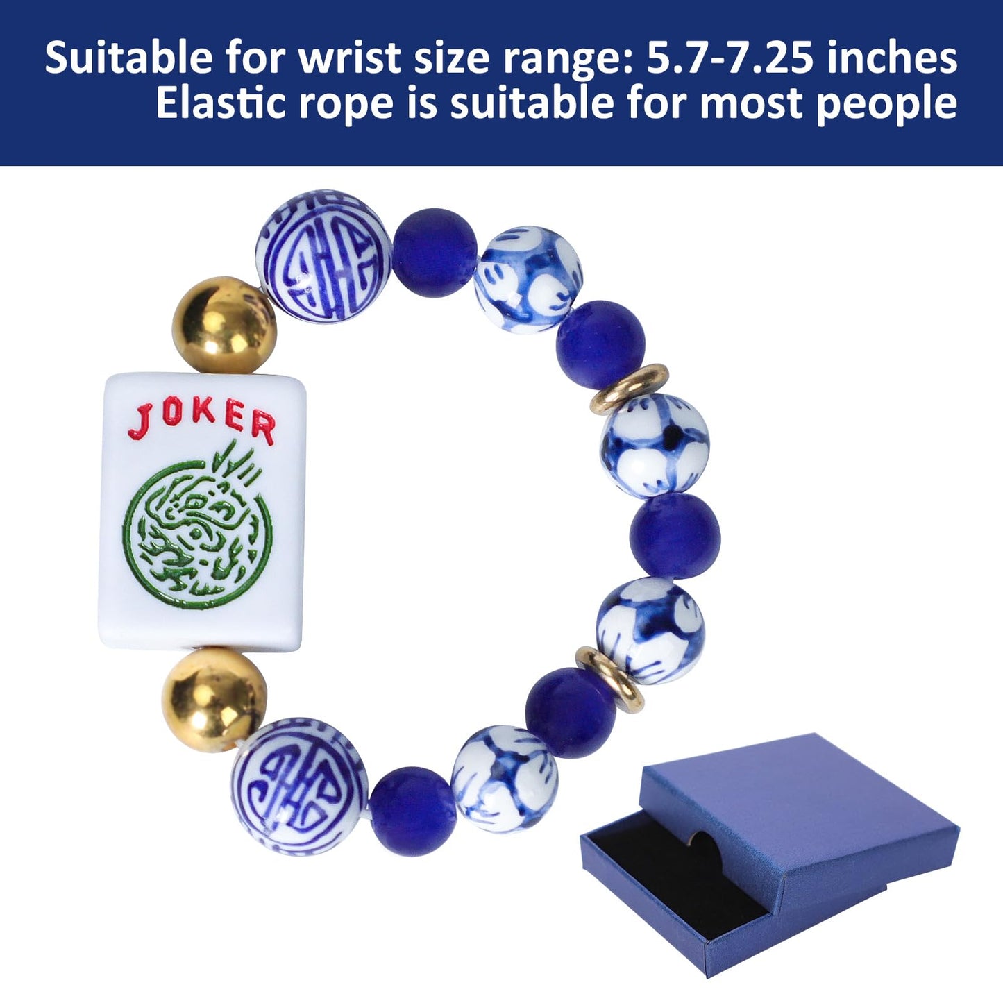Jongyance American Mahjong Accessory (Blue) with Joker Tile — Adjustable Wrist Fit 5.7–7.25 in