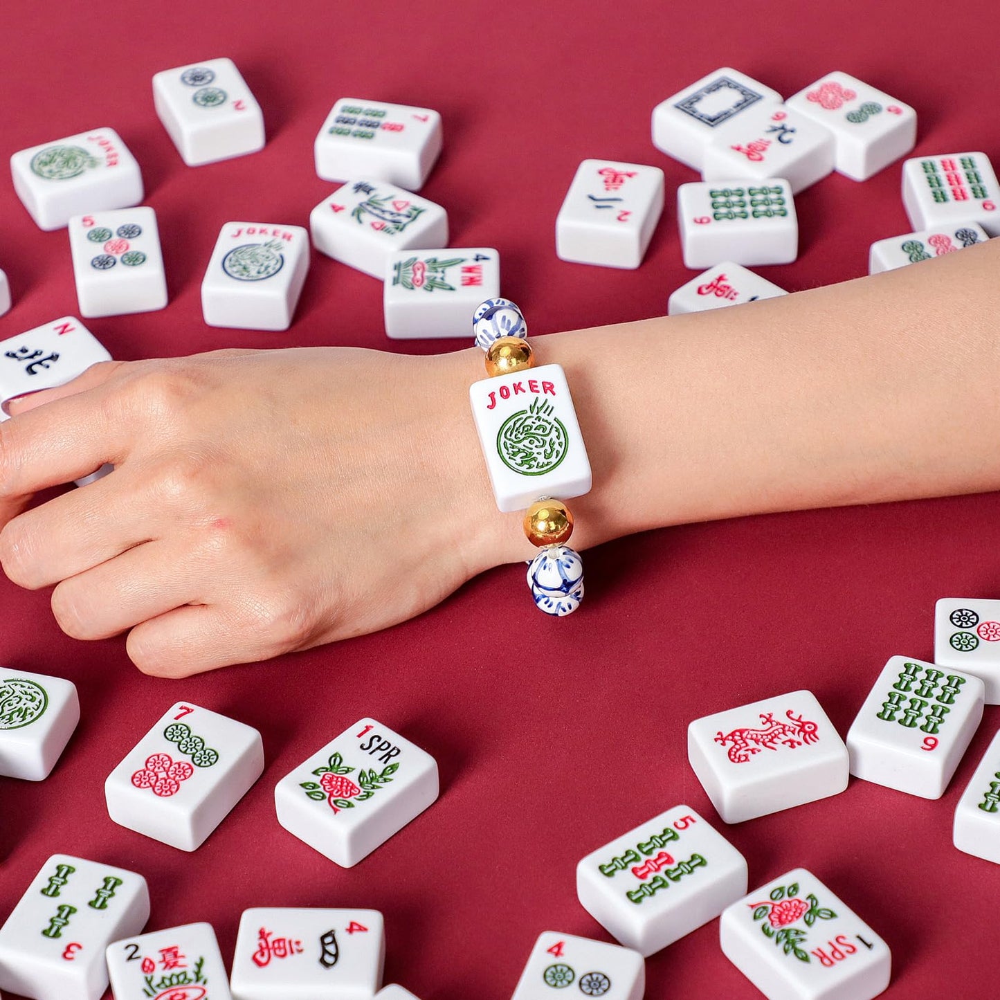 Jongyance American Mahjong Accessory (Blue & White) with Joker Tile — Adjustable Wrist Bracelet 5.7–7.25 in