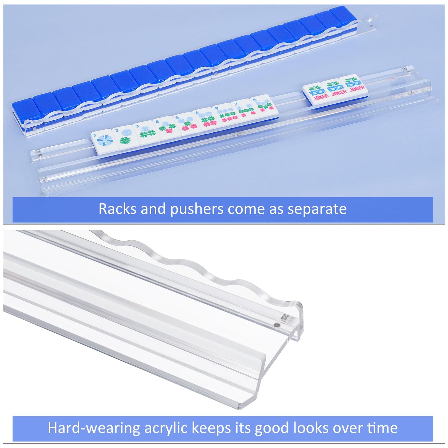 Jongyance Set of 4 Clear Acrylic Mahjong Racks with Redesigned Pusher – American Mahjong Accessories