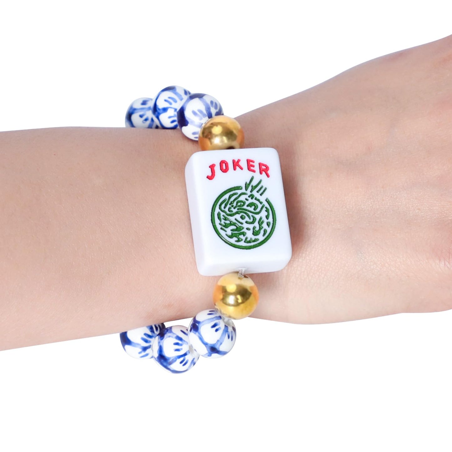 Jongyance American Mahjong Accessory (Blue & White) with Joker Tile — Adjustable Wrist Bracelet 5.7–7.25 in