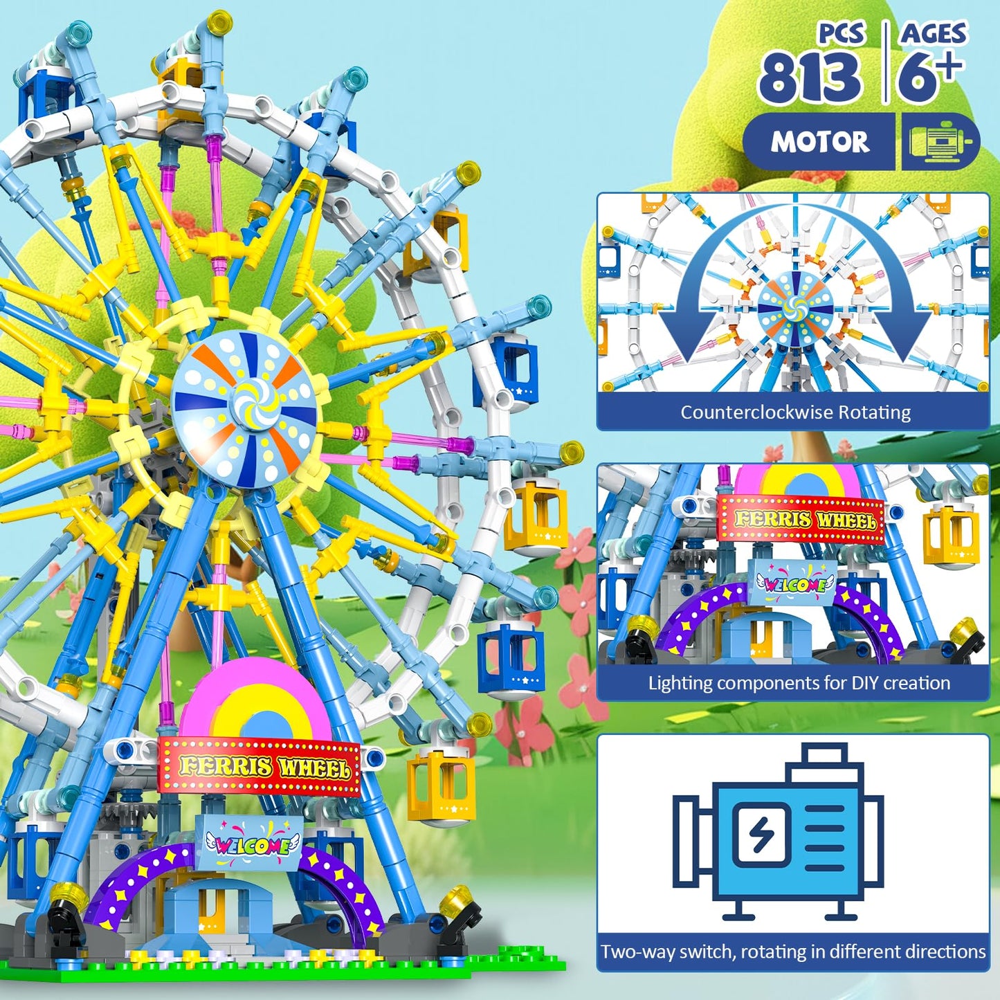 Joniuuca 813-Piece Ferris Wheel Building Set with Lights and Motors | STEM Toy for Ages 8-12