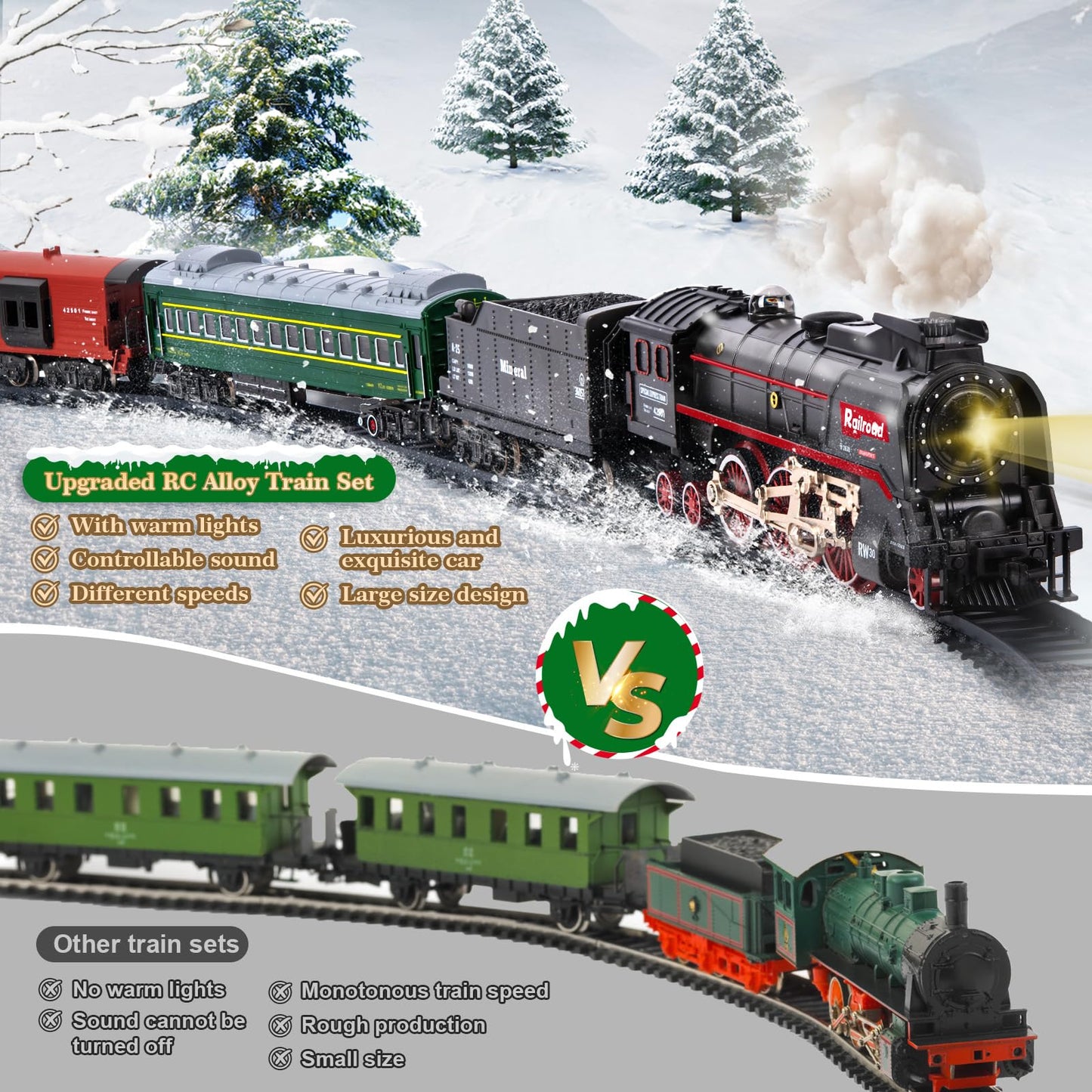 JONRRYIN Electric Train Set with Remote — Classic Steam Locomotive, Smoke & Lights
