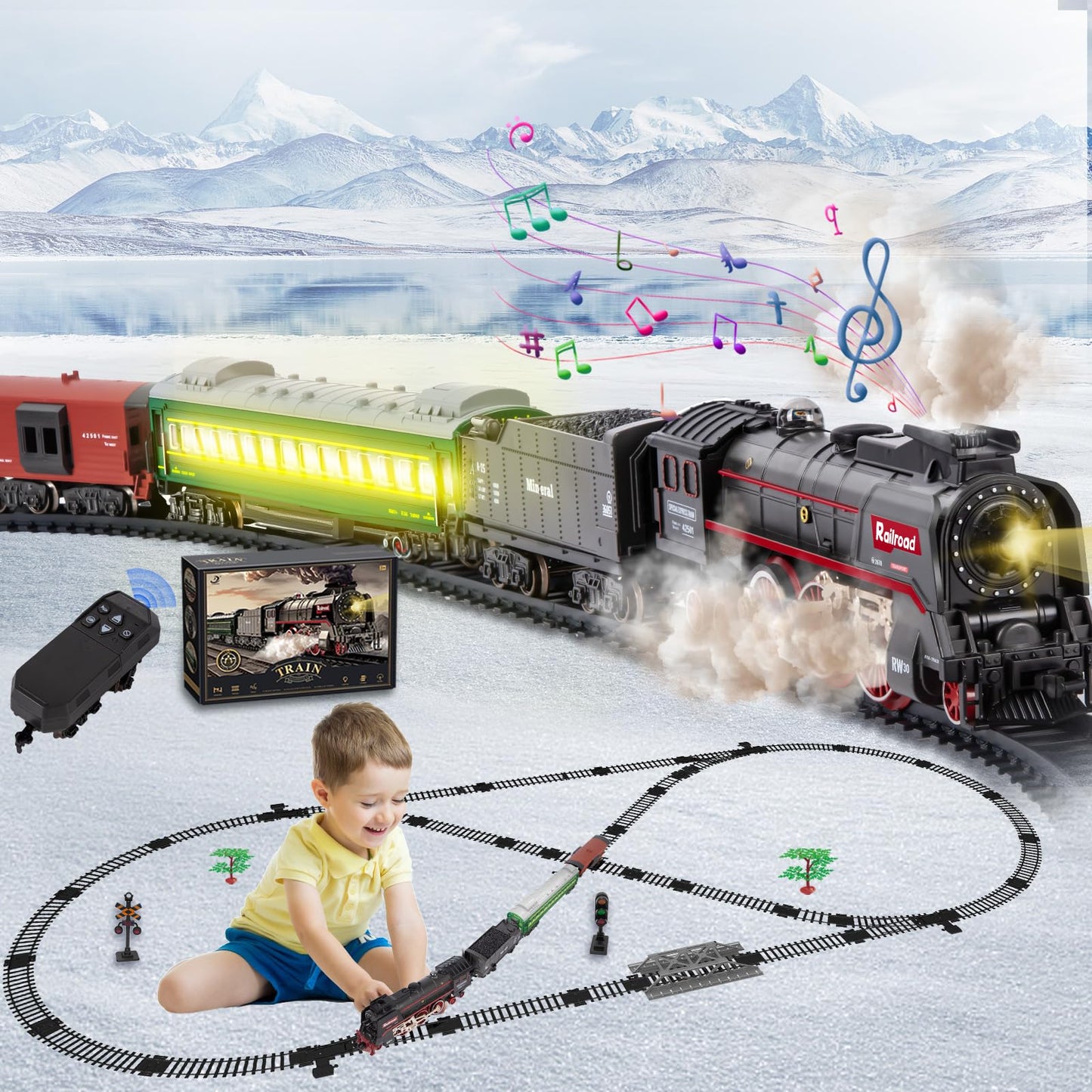 JONRRYIN Electric Train Set with Remote — Classic Steam Locomotive, Smoke & Lights