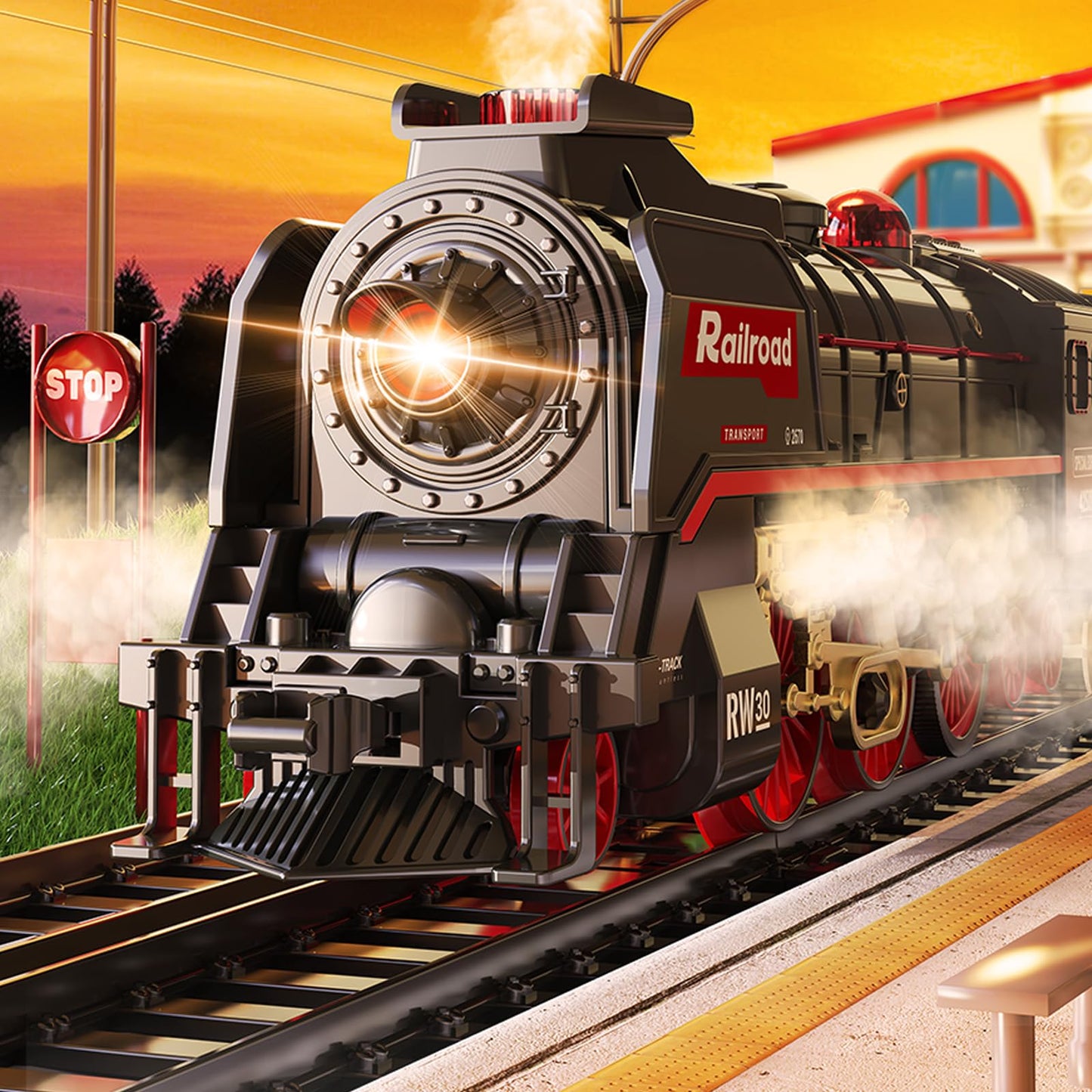 JONRRYIN Electric Train Set with Remote — Classic Steam Locomotive, Smoke & Lights