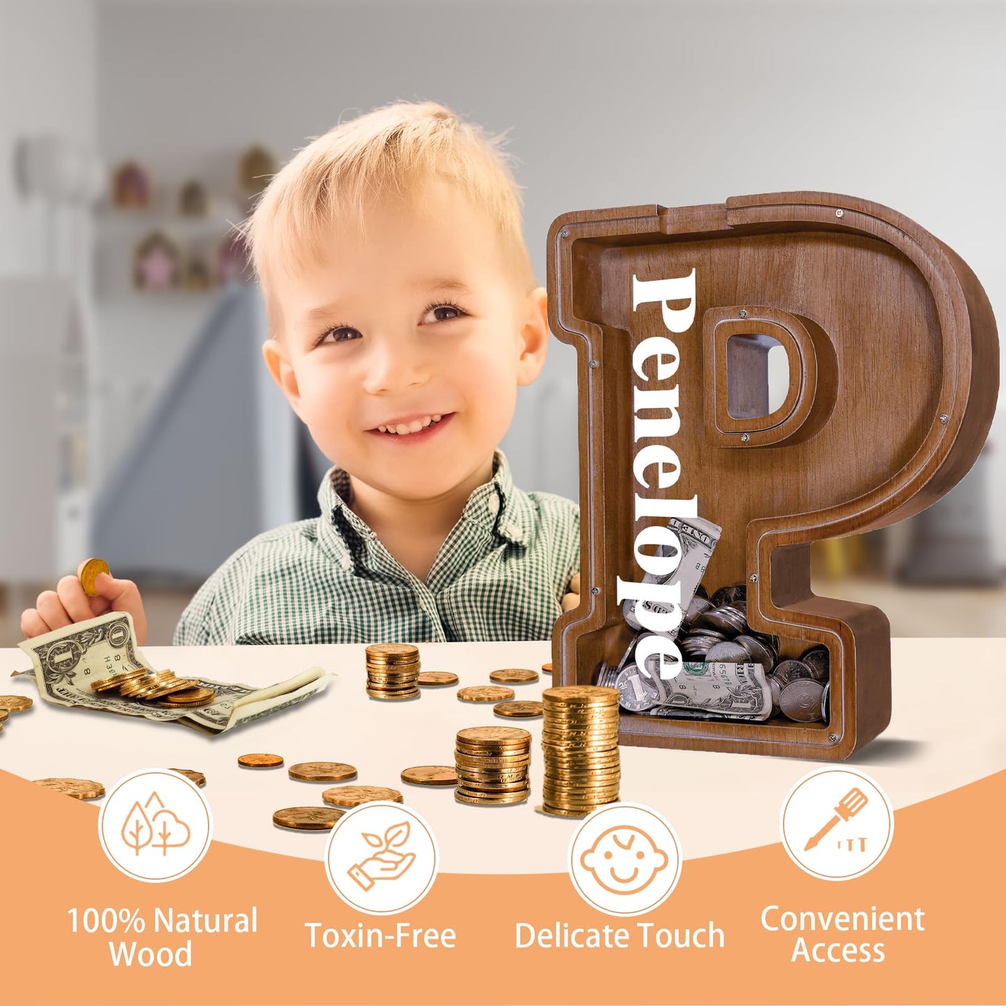 JOOMLAFLY Wooden Letter Piggy Bank – Large 12-Inch Personalized Alphabet Coin Bank