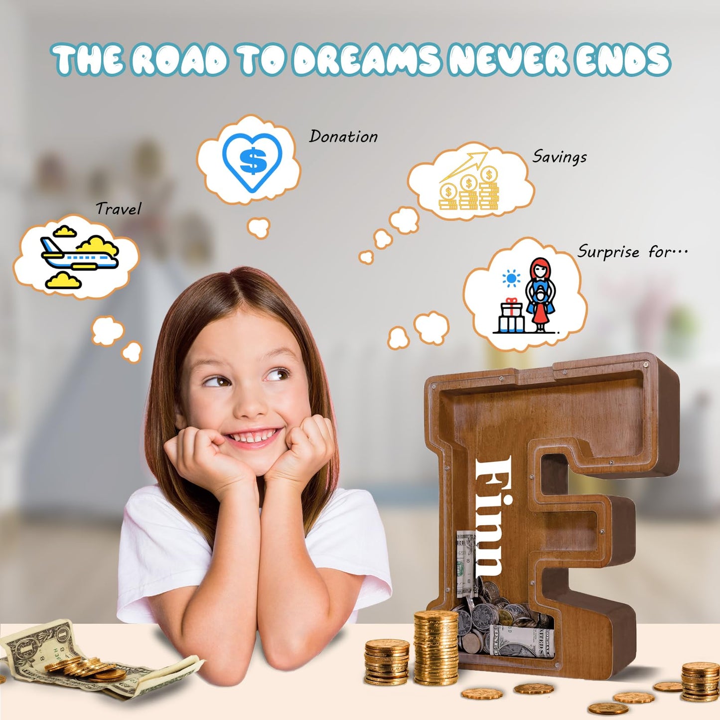 JOOMLAFLY Wooden Letter Piggy Bank – Personalized Initial Coin Bank for Kids