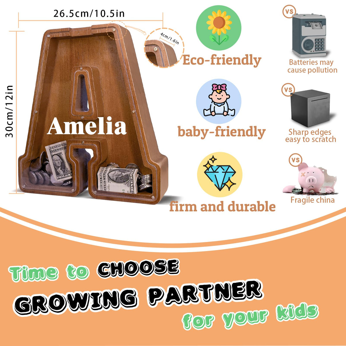 JOOMLAFLY Wooden Letter Piggy Bank – Personalized 12-Inch Initial Coin Bank for Kids