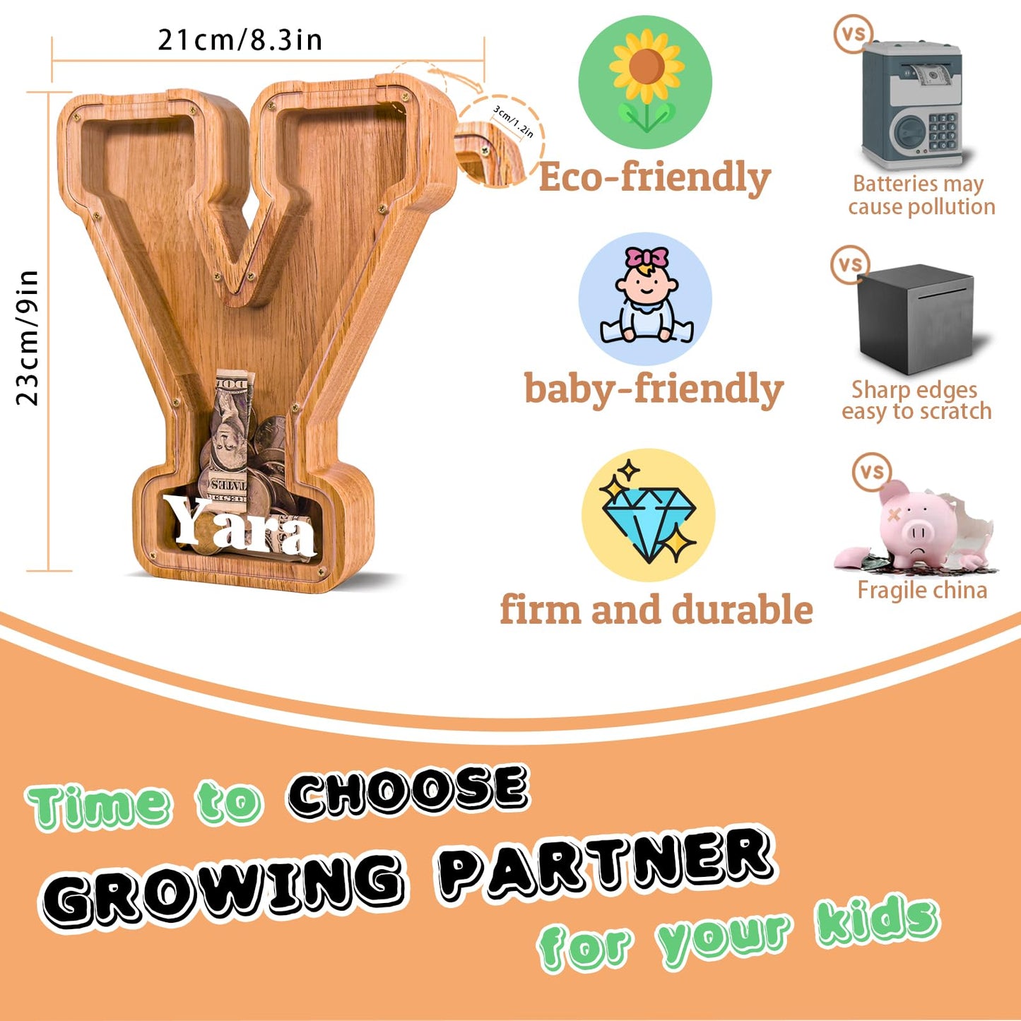 JOOMLAFLY Wooden Letter Piggy Bank — Personalized Initial Coin Bank for Kids