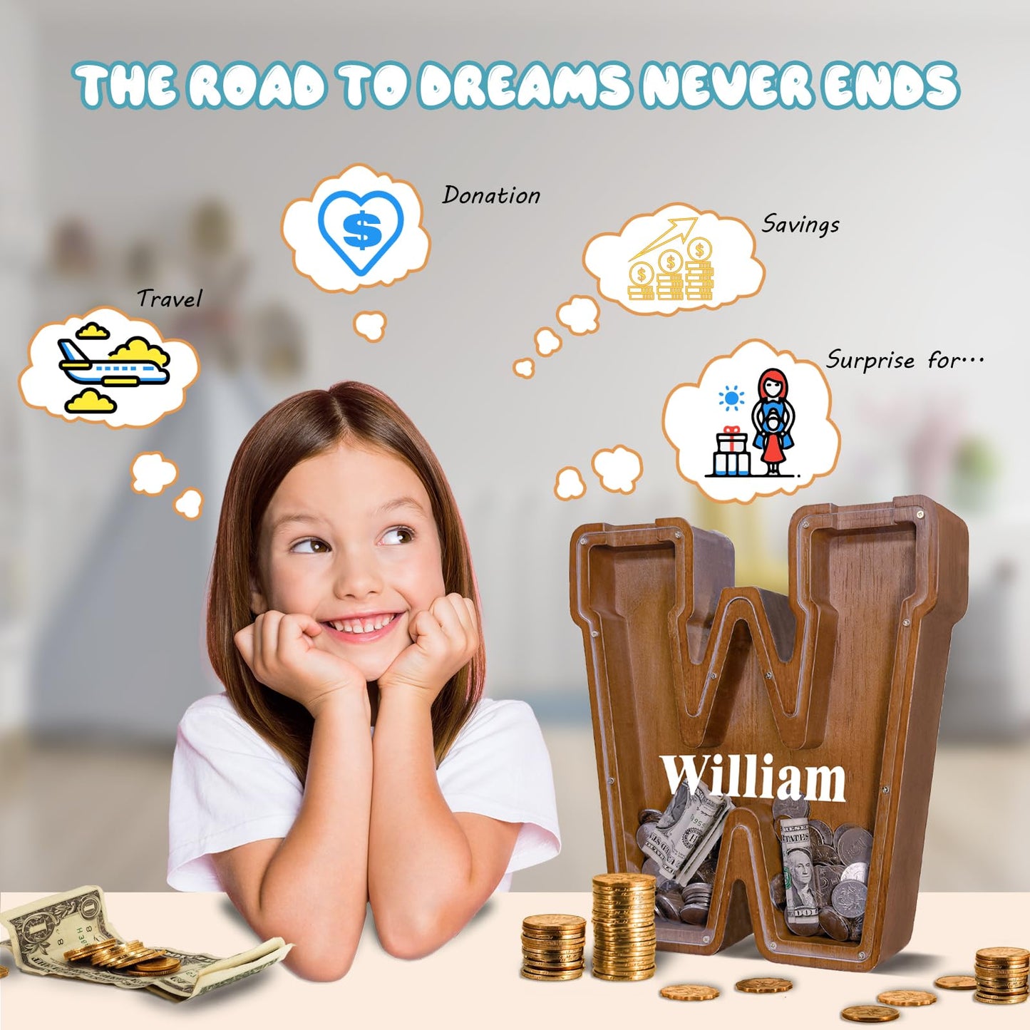 JOOMLAFLY Wooden Letter Piggy Bank – Personalized Initial Coin Bank for Kids