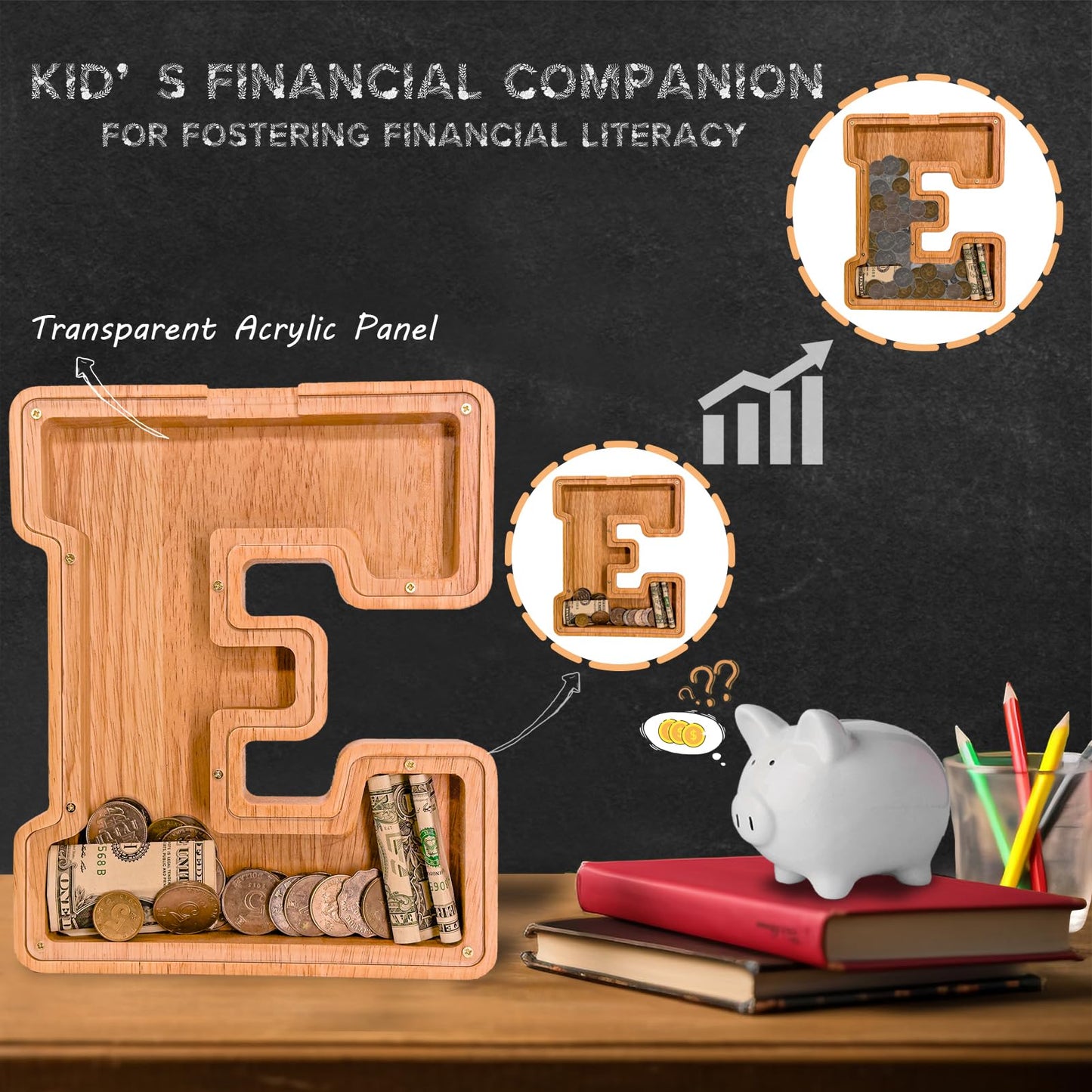 JOOMLAFLY Wooden Letter Piggy Bank – 9-Inch Initial Coin Bank for Kids