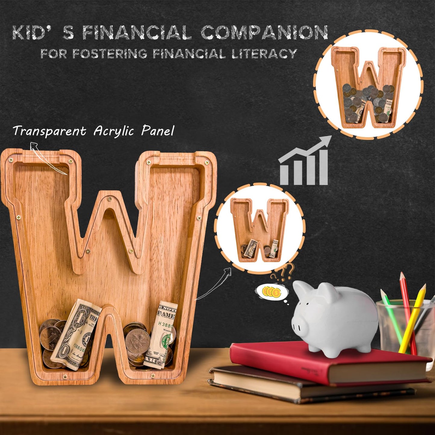 JOOMLAFLY Wooden Letter Piggy Bank – Personalized Initial Coin Bank for Kids