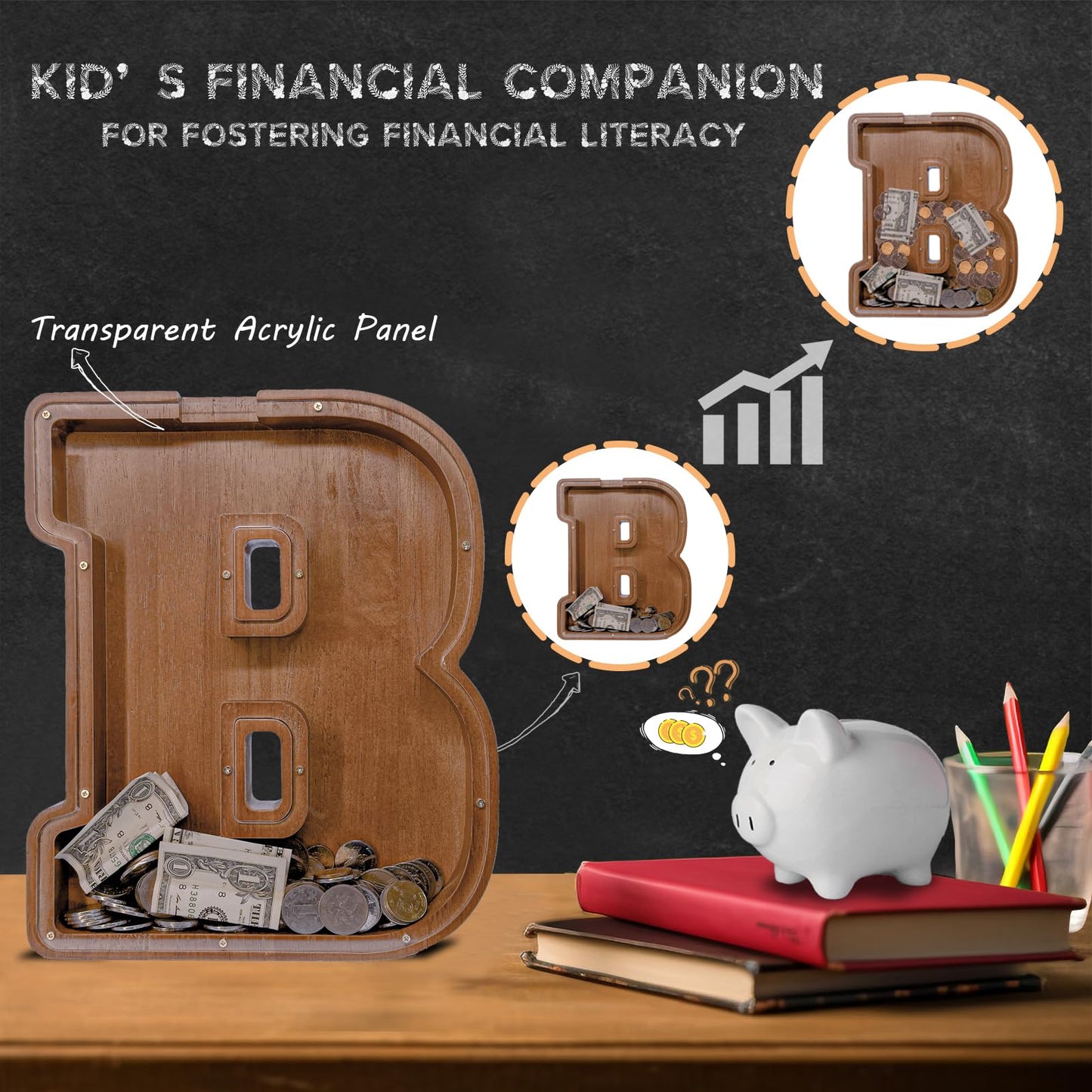 JOOMLAFLY Wooden Letter Piggy Bank – 12-Inch Large Personalized Initial Coin Bank for Kids