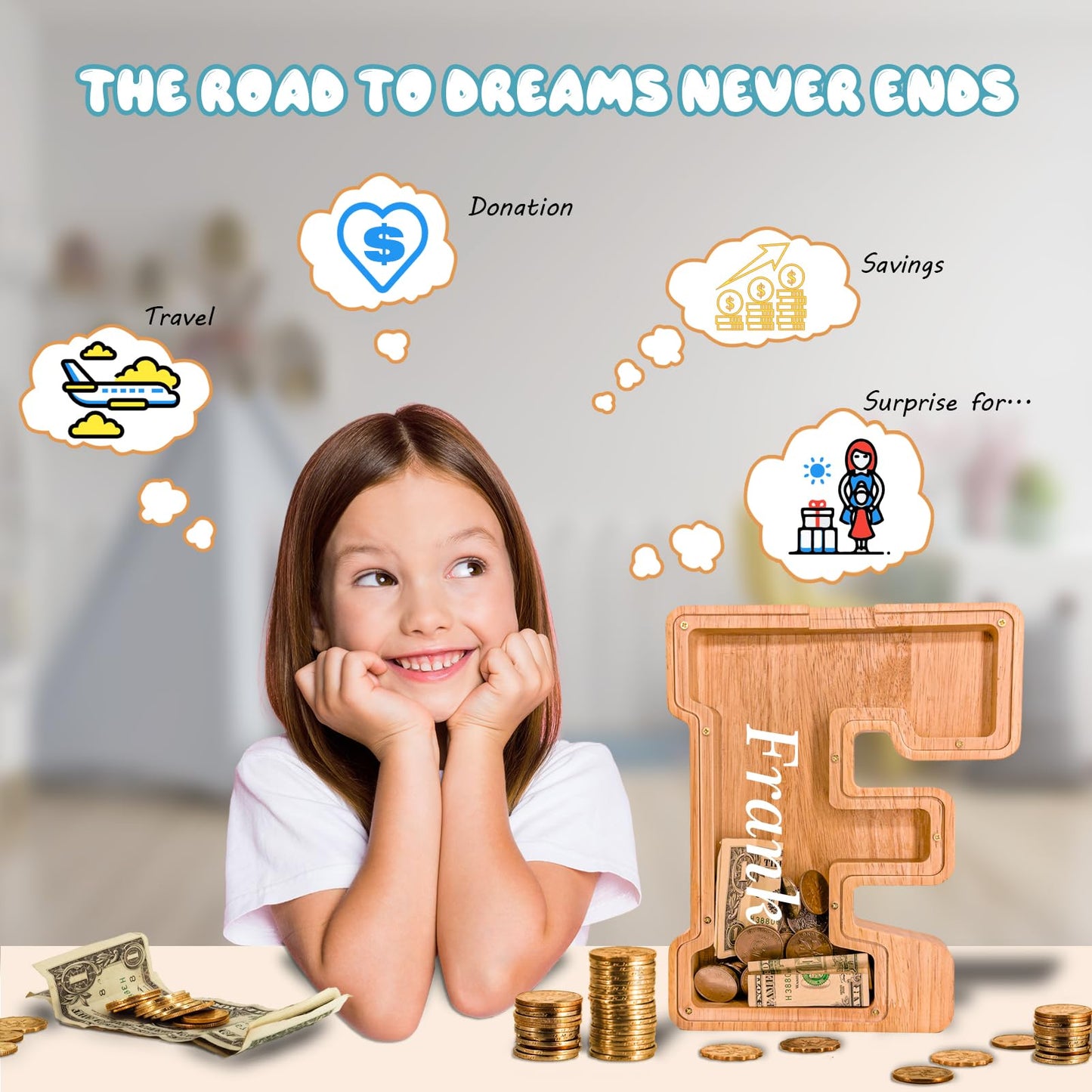 JOOMLAFLY Wooden Letter Piggy Bank for Kids — Personalized Initial Coin Bank