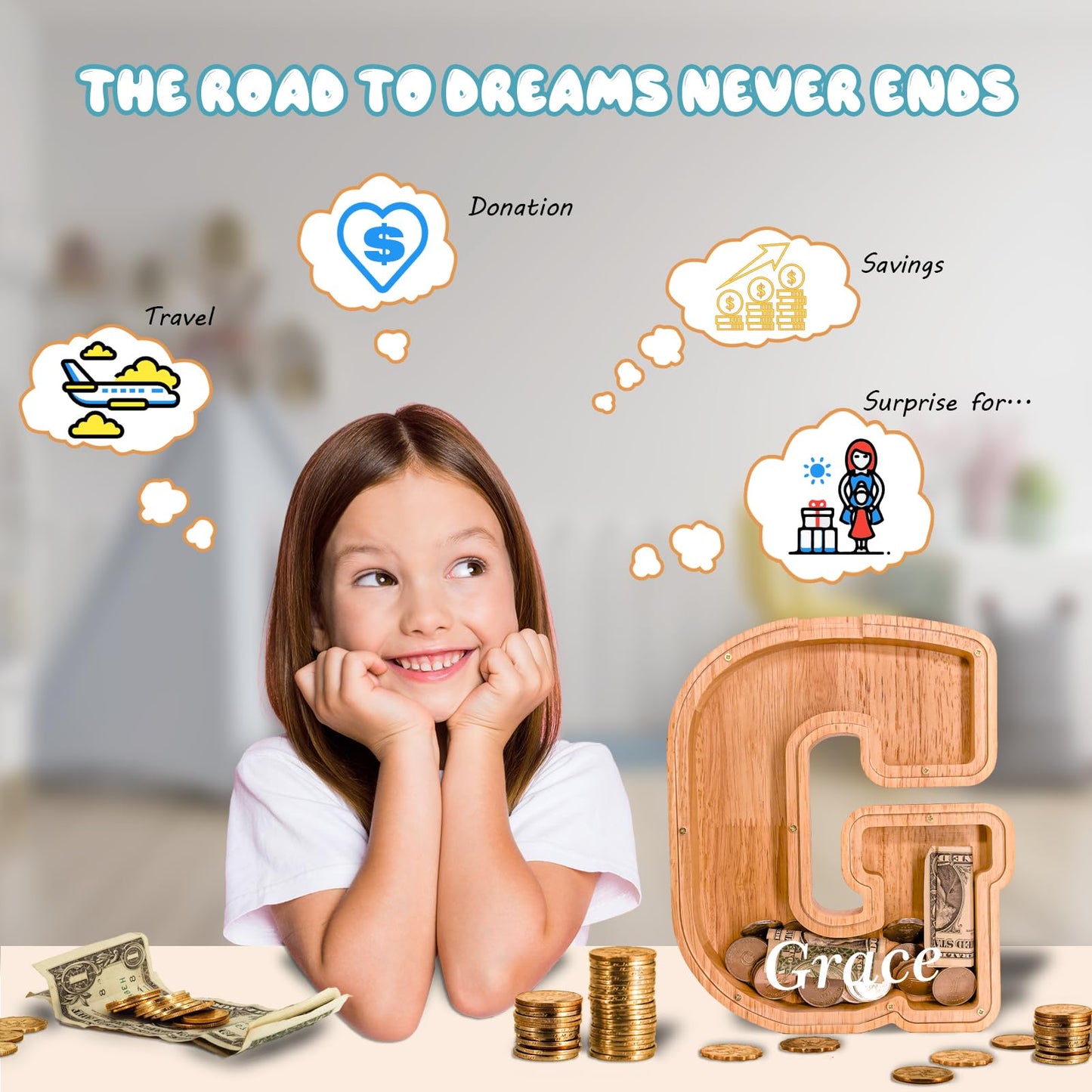 JOOMLAFLY Wooden Letter Piggy Bank – Personalized Initial Coin Bank for Kids