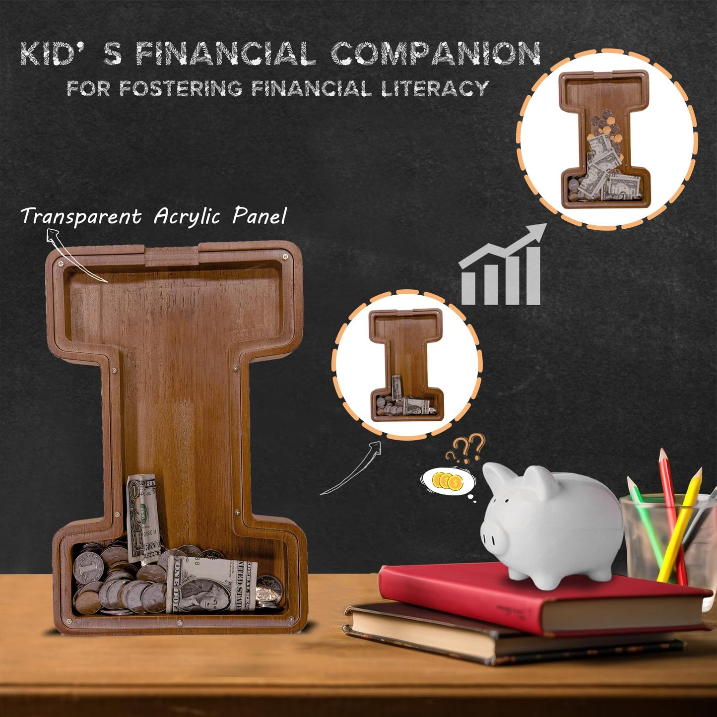 JOOMLAFLY Wooden Letter Piggy Bank — Large Initial Coin Bank for Kids
