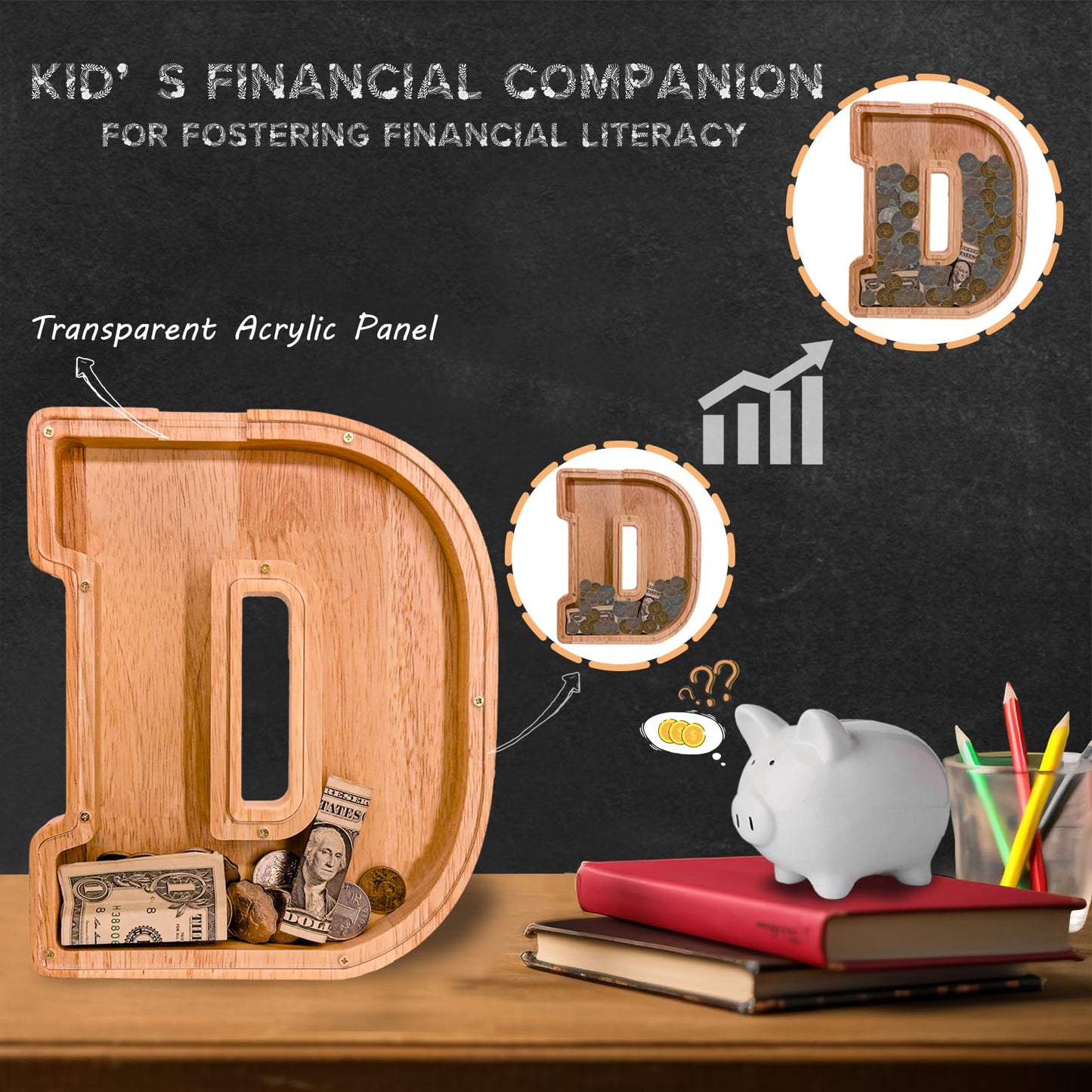 JOOMLAFLY Wooden Letter Piggy Bank – Large Initial Coin Bank for Kids, Personalized Gift