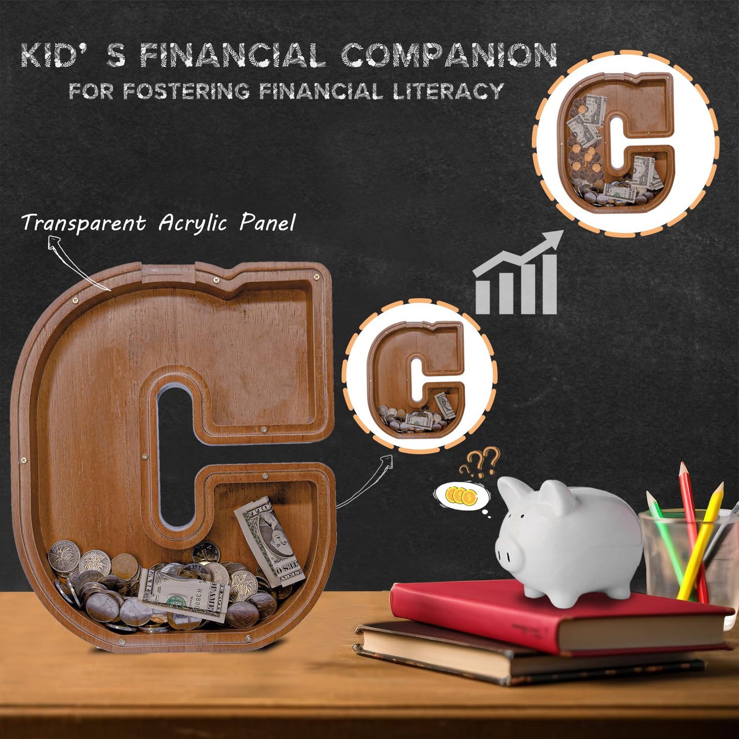 JOOMLAFLY Wooden Letter Piggy Bank for Kids | Large Initial Coin Bank & Personalized Gift