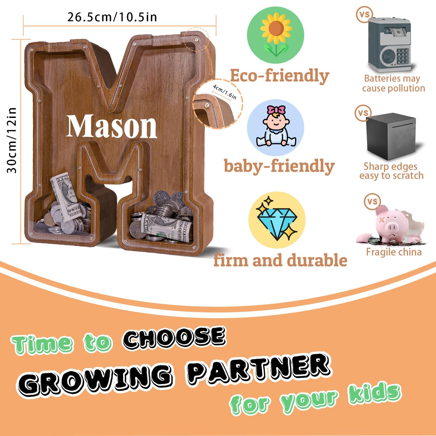 JOOMLAFLY Wooden Letter Piggy Bank – Personalized 12-Inch Initial Coin Bank for Kids