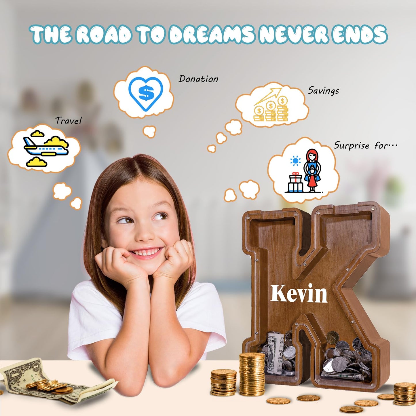 JOOMLAFLY Wooden Letter Piggy Bank – Personalized Initial Coin Bank for Kids