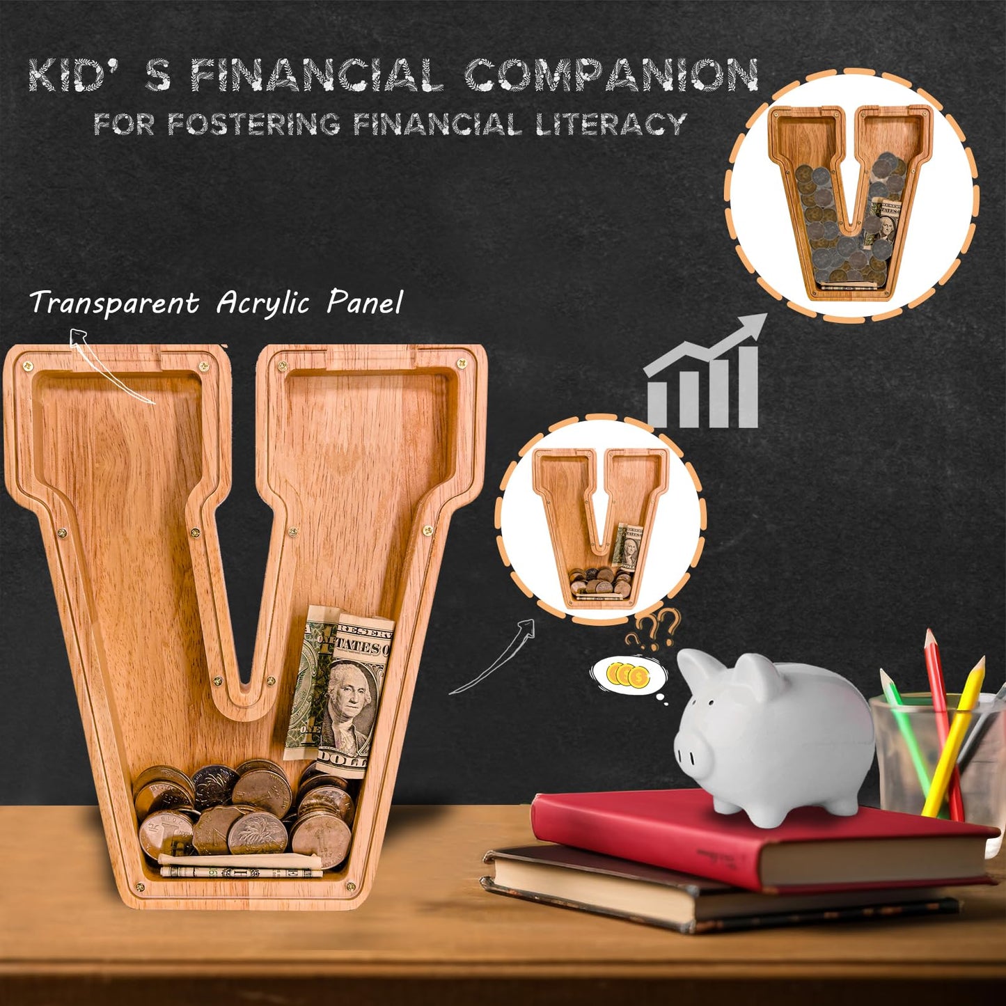 JOOMLAFLY Wooden Letter Piggy Bank – Large Initial Coin Bank for Kids